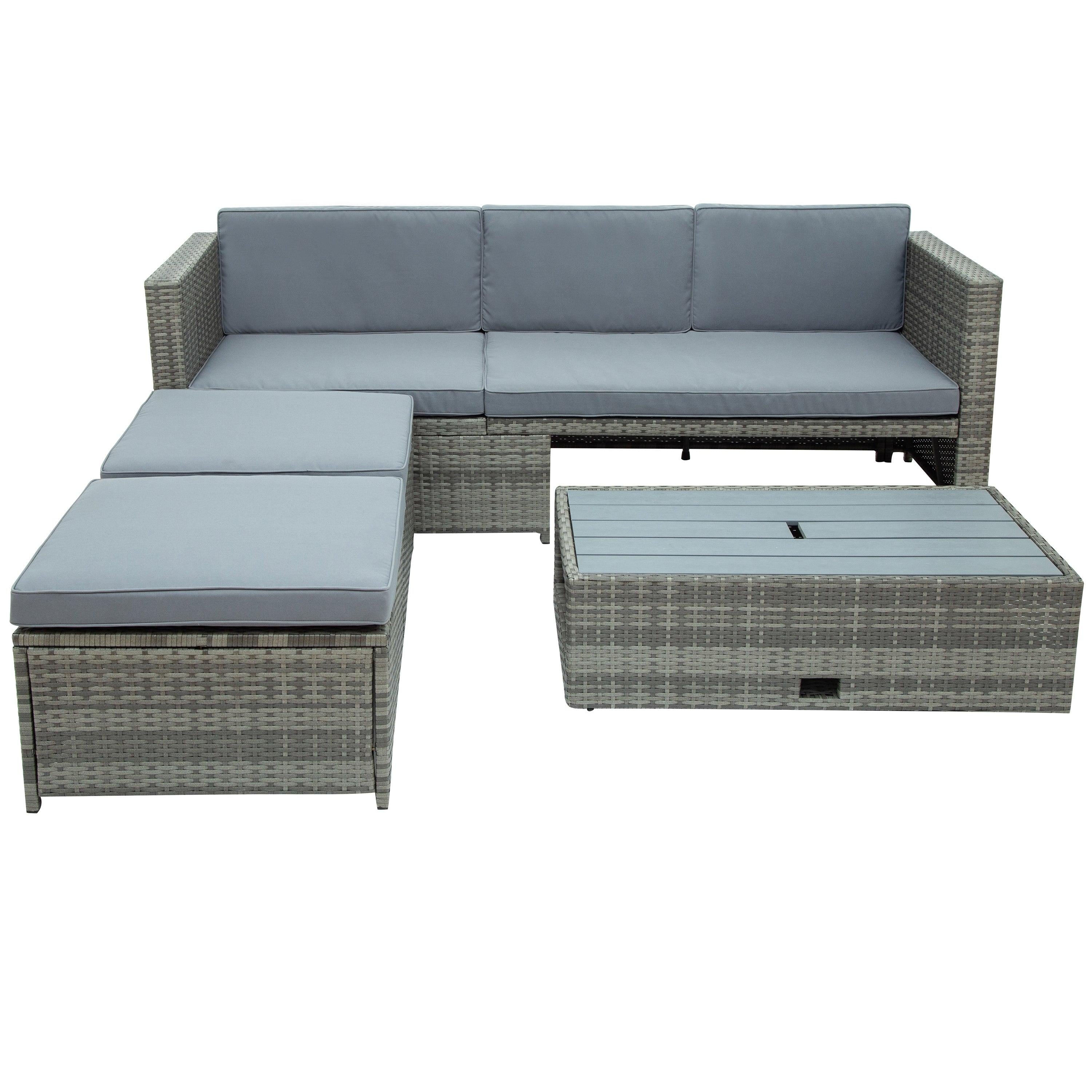 4 PCS Outdoor Backyard Patio All-weather PE Rattan Wicker Sectional Furniture Set with Retractable Table - Gray