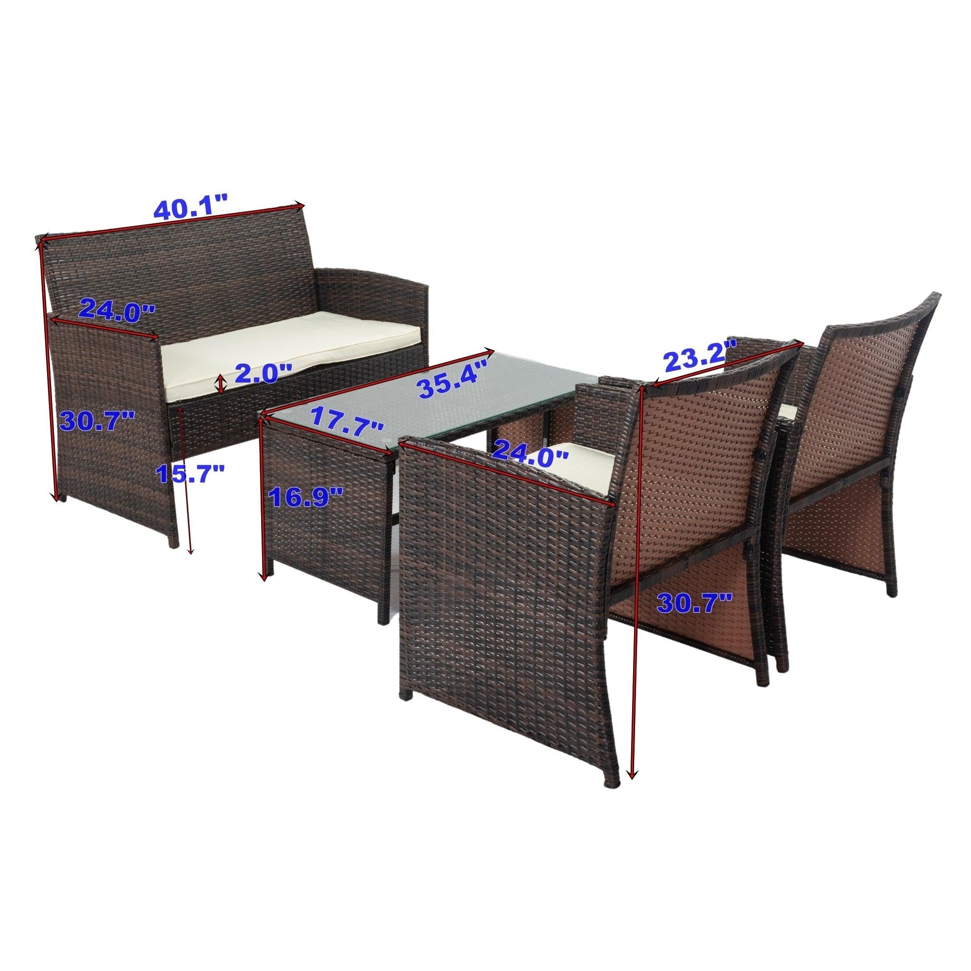 4 PCS Outdoor Rattan Sofas with Table Set, Soft Cushions and Tempered Glass Coffee Table