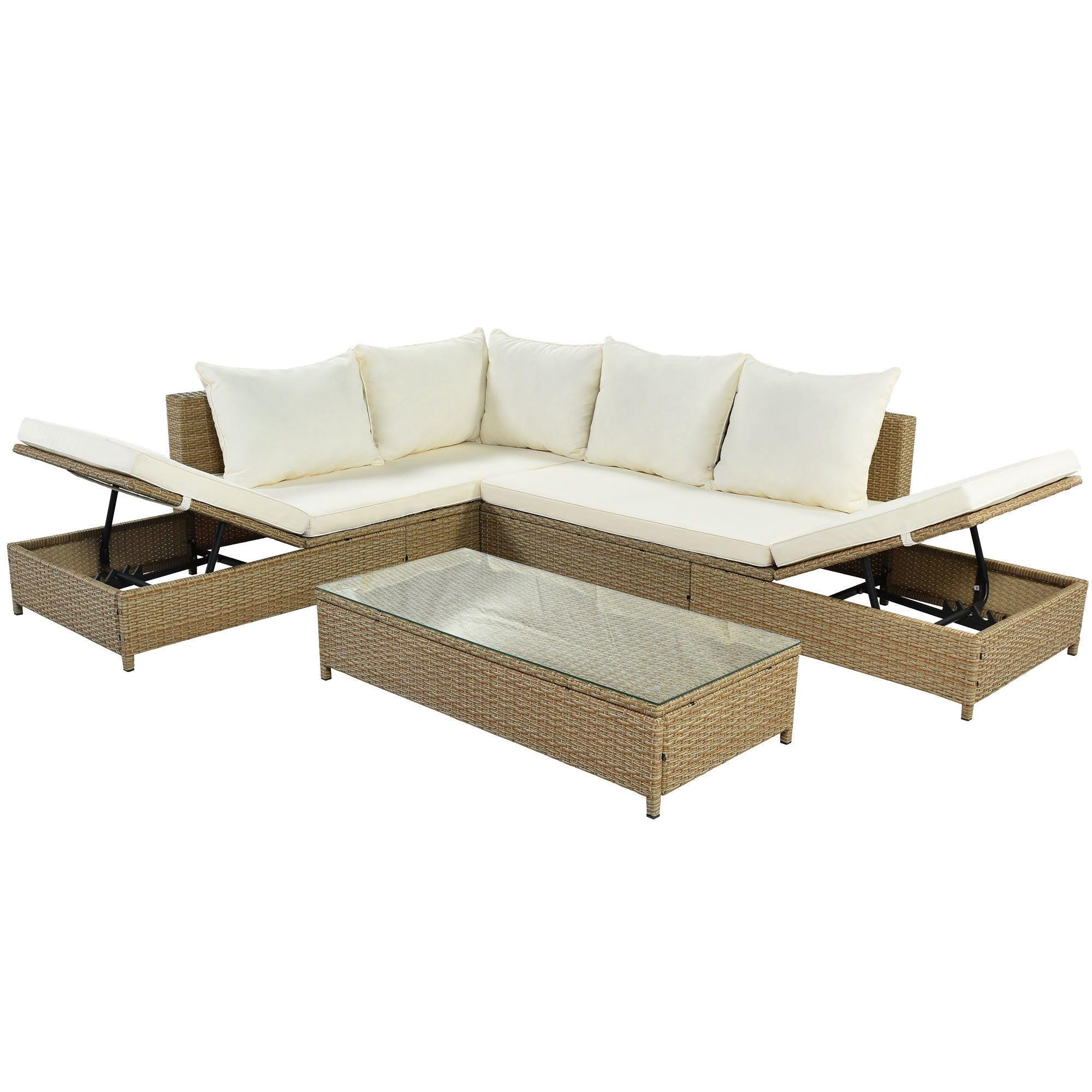 3 PCS Patio RattanAll Weather PE Wicker Sectional Set with Adjustable Chaise Lounge Frame and Tempered Glass Table, Natural Brown and Beige Cushion