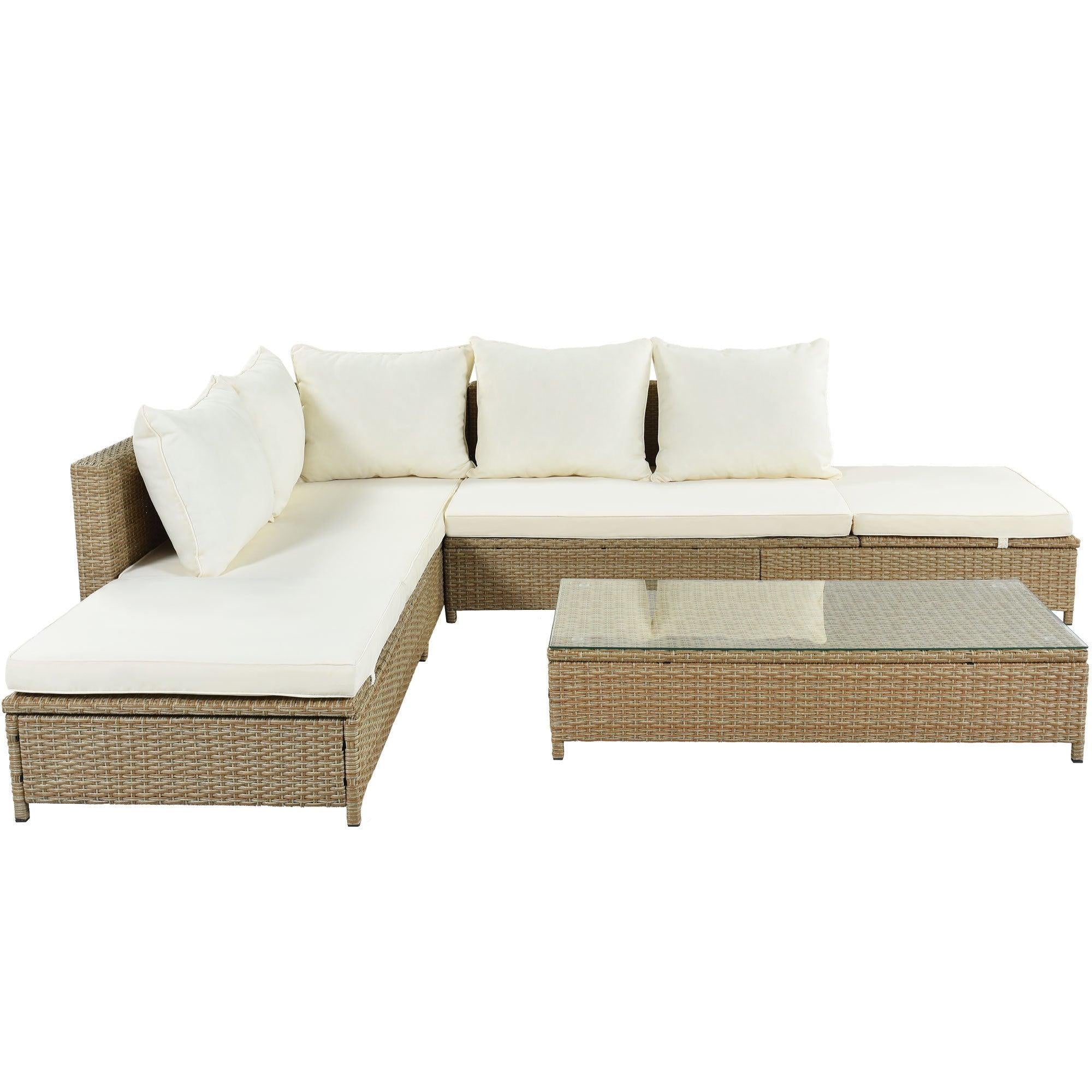 3 PCS Outdoor Patio All Weather Rattan PE Wicker Sectional Set with Adjustable Chaise Lounge Frame and Tempered Glass Table, Natural Brow nand Beige Cushion