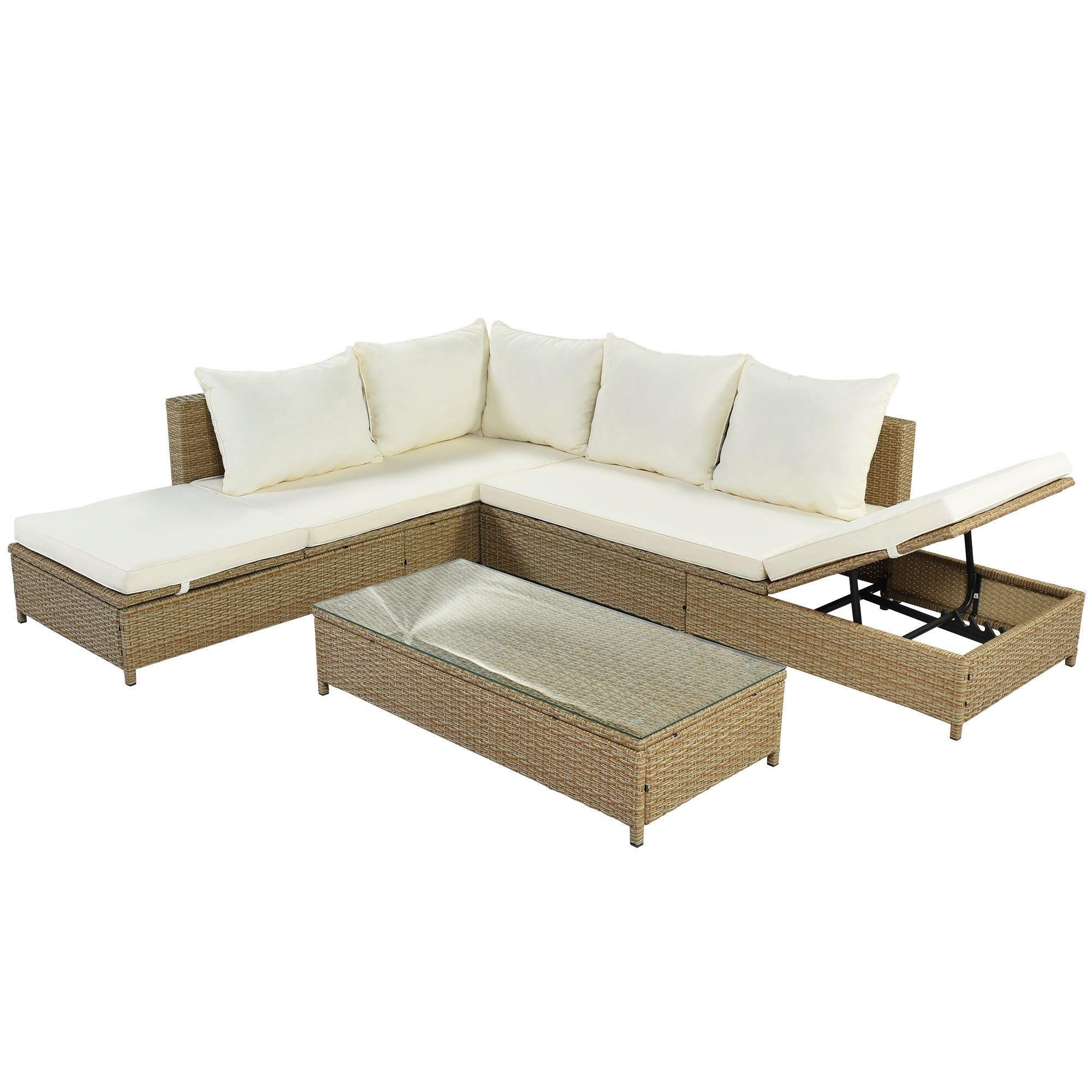 3 PCS Patio RattanAll Weather PE Wicker Sectional Set with Adjustable Chaise Lounge Frame and Tempered Glass Table, Natural Brown and Beige Cushion