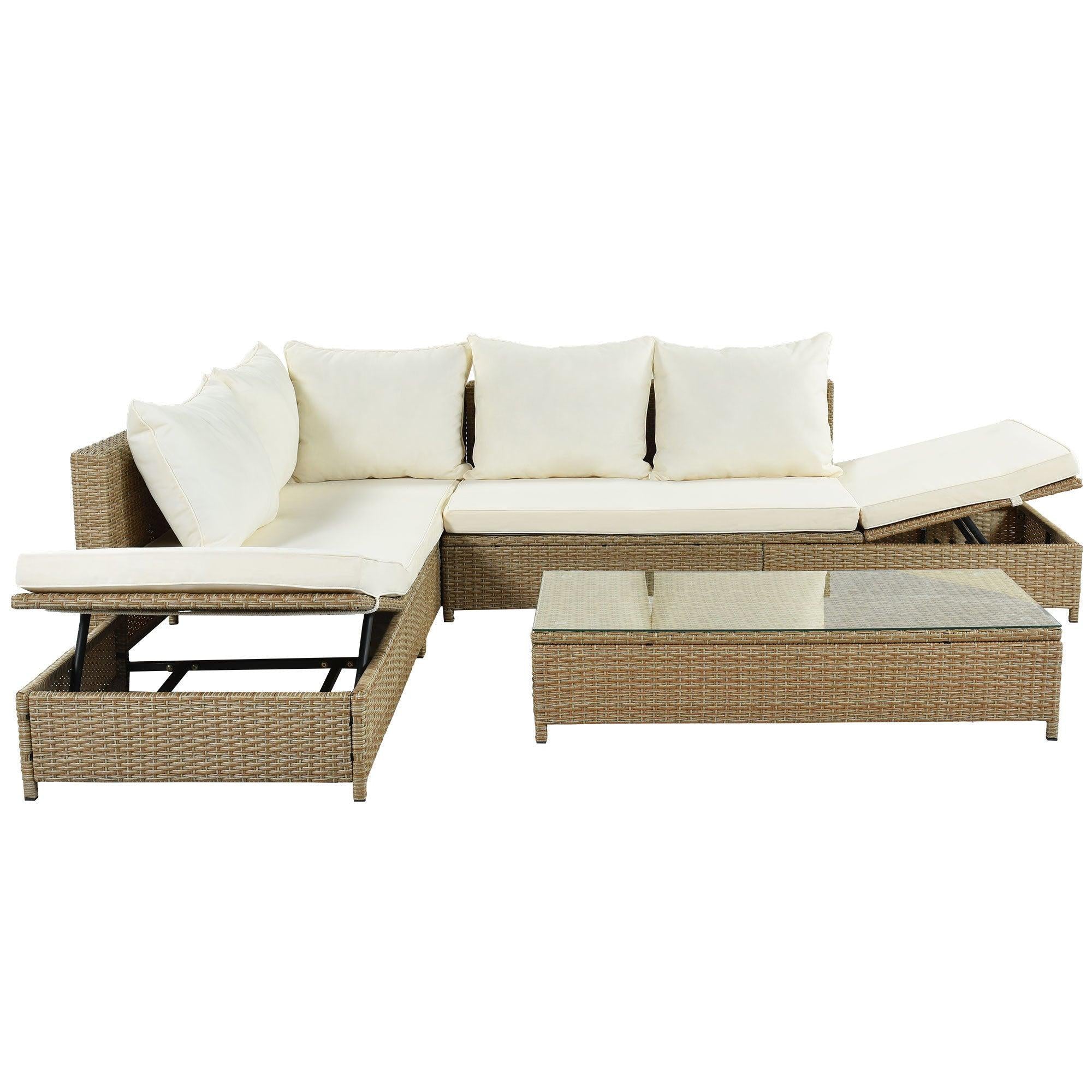 3 PCS Outdoor Patio All Weather Rattan PE Wicker Sectional Set with Adjustable Chaise Lounge Frame and Tempered Glass Table, Natural Brow nand Beige Cushion