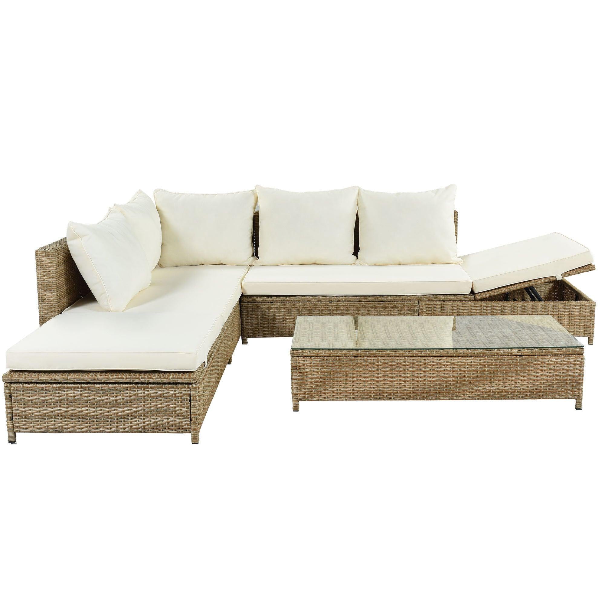 3 PCS Patio RattanAll Weather PE Wicker Sectional Set with Adjustable Chaise Lounge Frame and Tempered Glass Table, Natural Brown and Beige Cushion