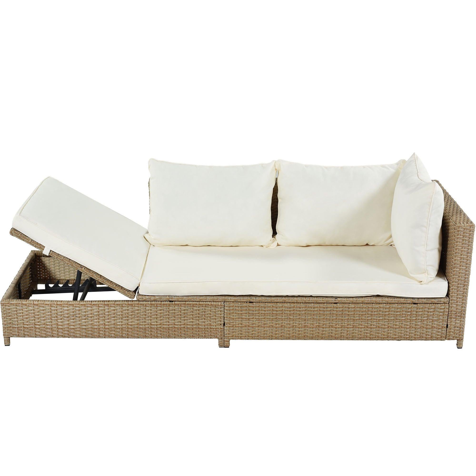 3 PCS Outdoor Patio All Weather Rattan PE Wicker Sectional Set with Adjustable Chaise Lounge Frame and Tempered Glass Table, Natural Brow nand Beige Cushion