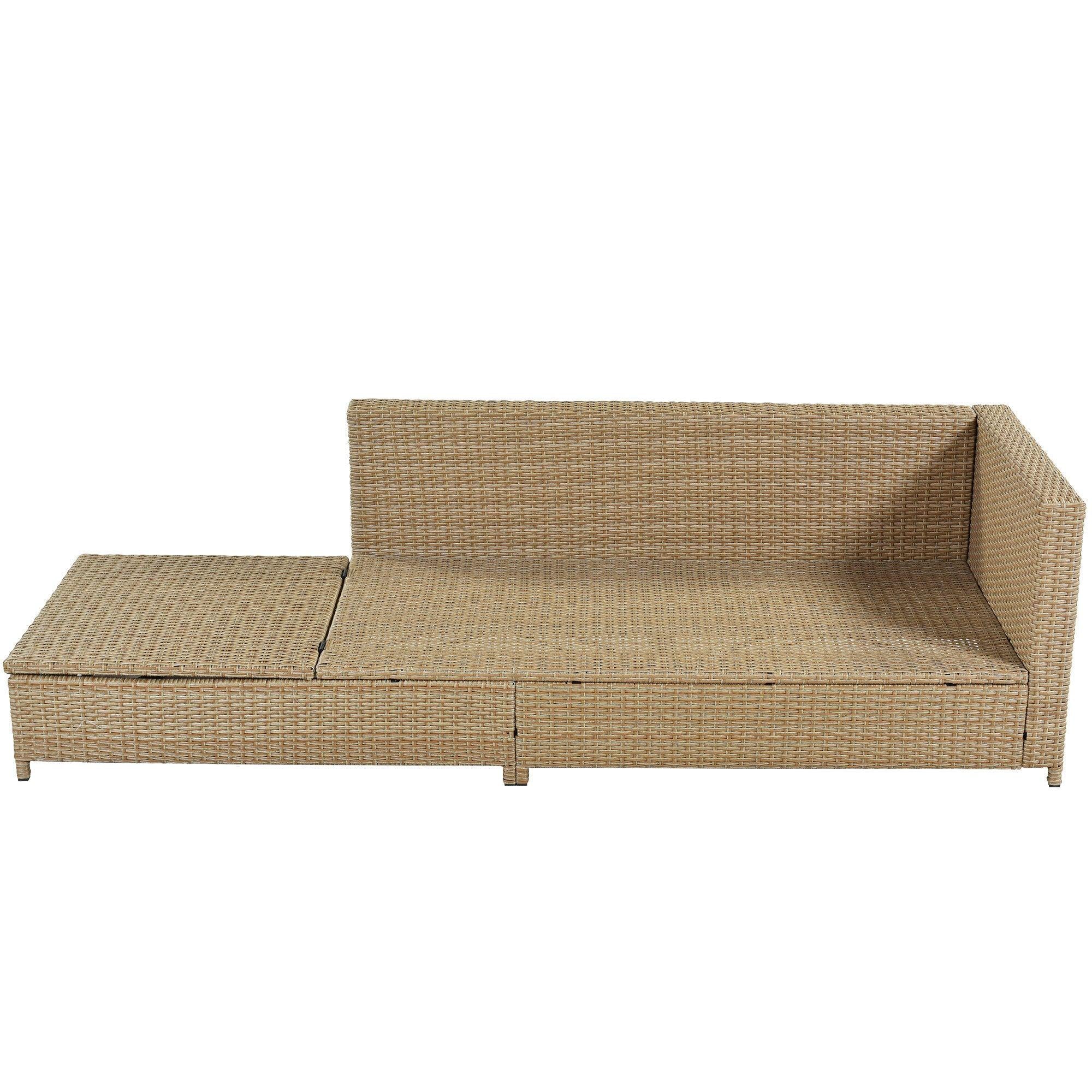 3 PCS Patio RattanAll Weather PE Wicker Sectional Set with Adjustable Chaise Lounge Frame and Tempered Glass Table, Natural Brown and Beige Cushion