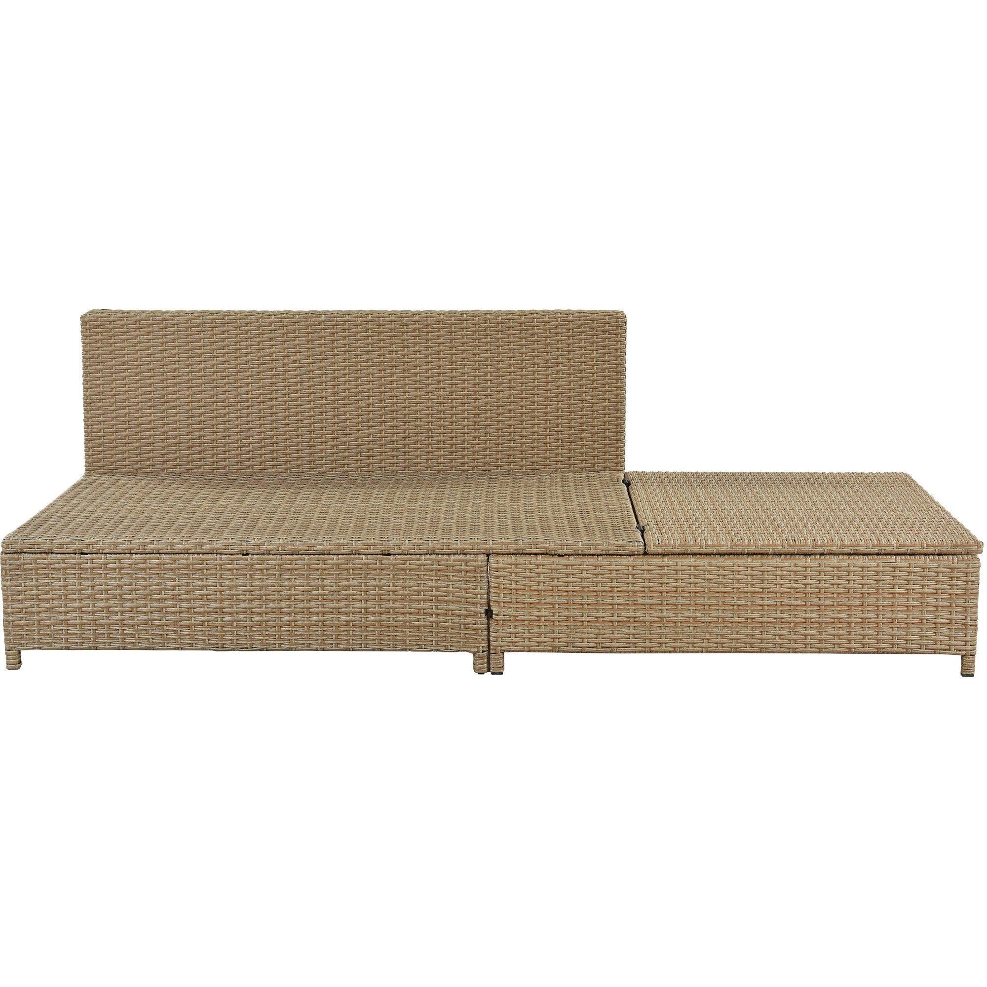 3 PCS Outdoor Patio All Weather Rattan PE Wicker Sectional Set with Adjustable Chaise Lounge Frame and Tempered Glass Table, Natural Brow nand Beige Cushion