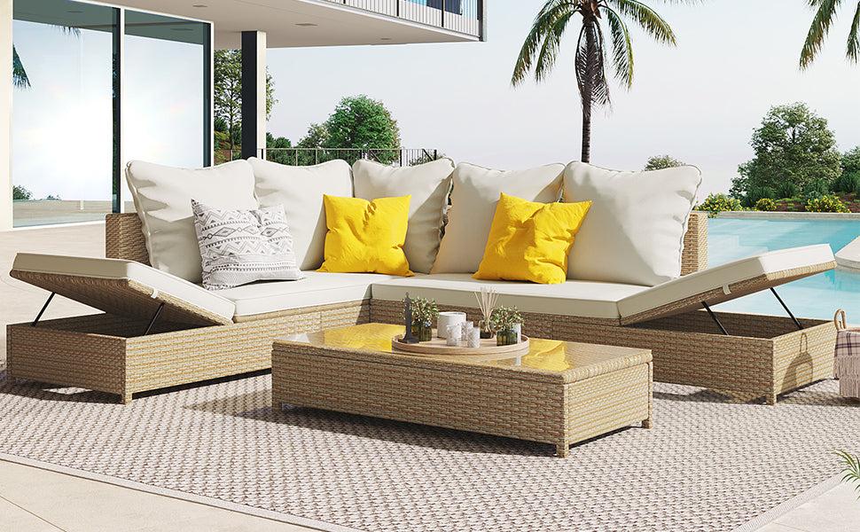 3 PCS Patio RattanAll Weather PE Wicker Sectional Set with Adjustable Chaise Lounge Frame and Tempered Glass Table, Natural Brown and Beige Cushion