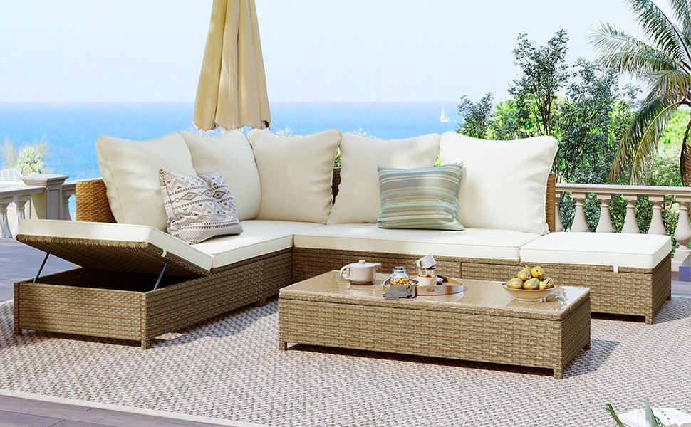 3 PCS Outdoor Patio All Weather Rattan PE Wicker Sectional Set with Adjustable Chaise Lounge Frame and Tempered Glass Table, Natural Brow nand Beige Cushion