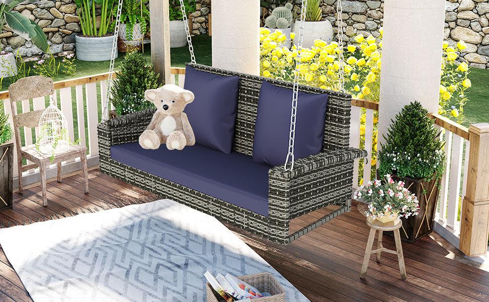 2-Person Gray Wicker Hanging Porch Swing with Chains, Blue Cushions and Pillows