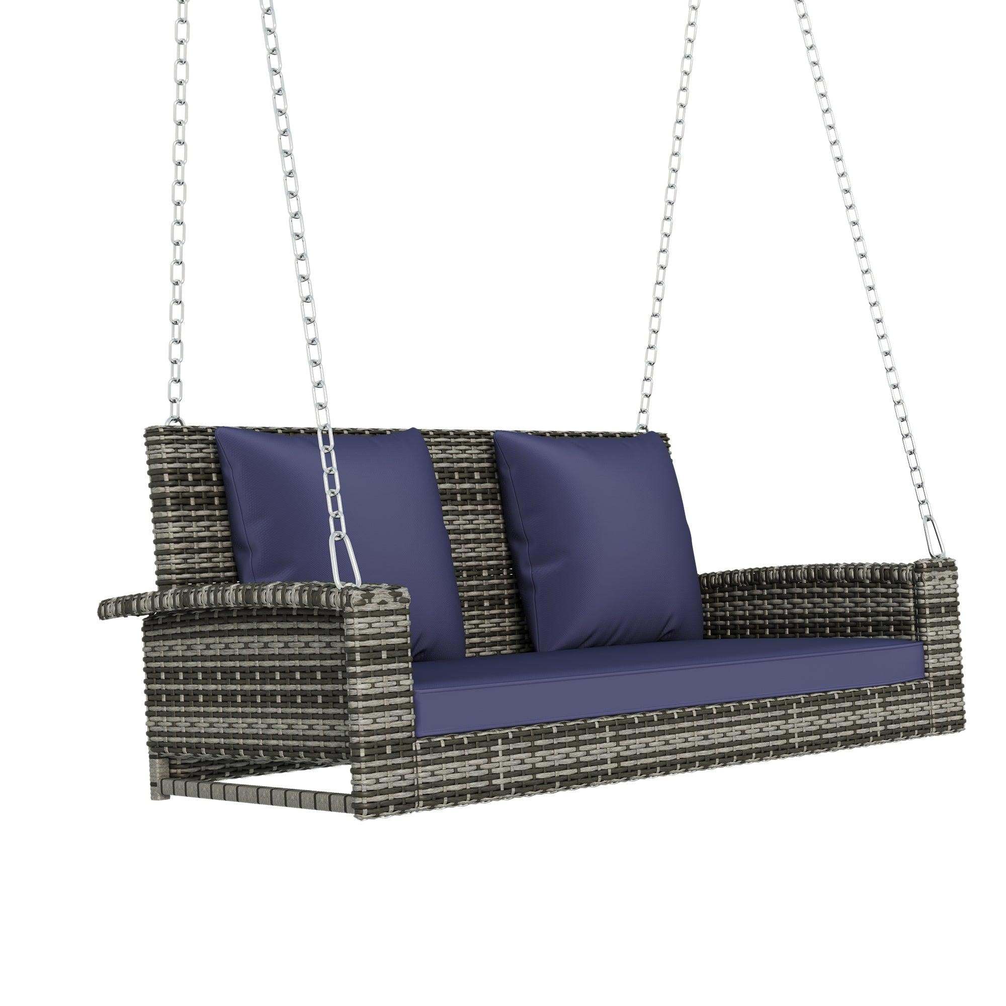 2-Person Gray Wicker Hanging Porch Swing with Chains, Blue Cushions and Pillows