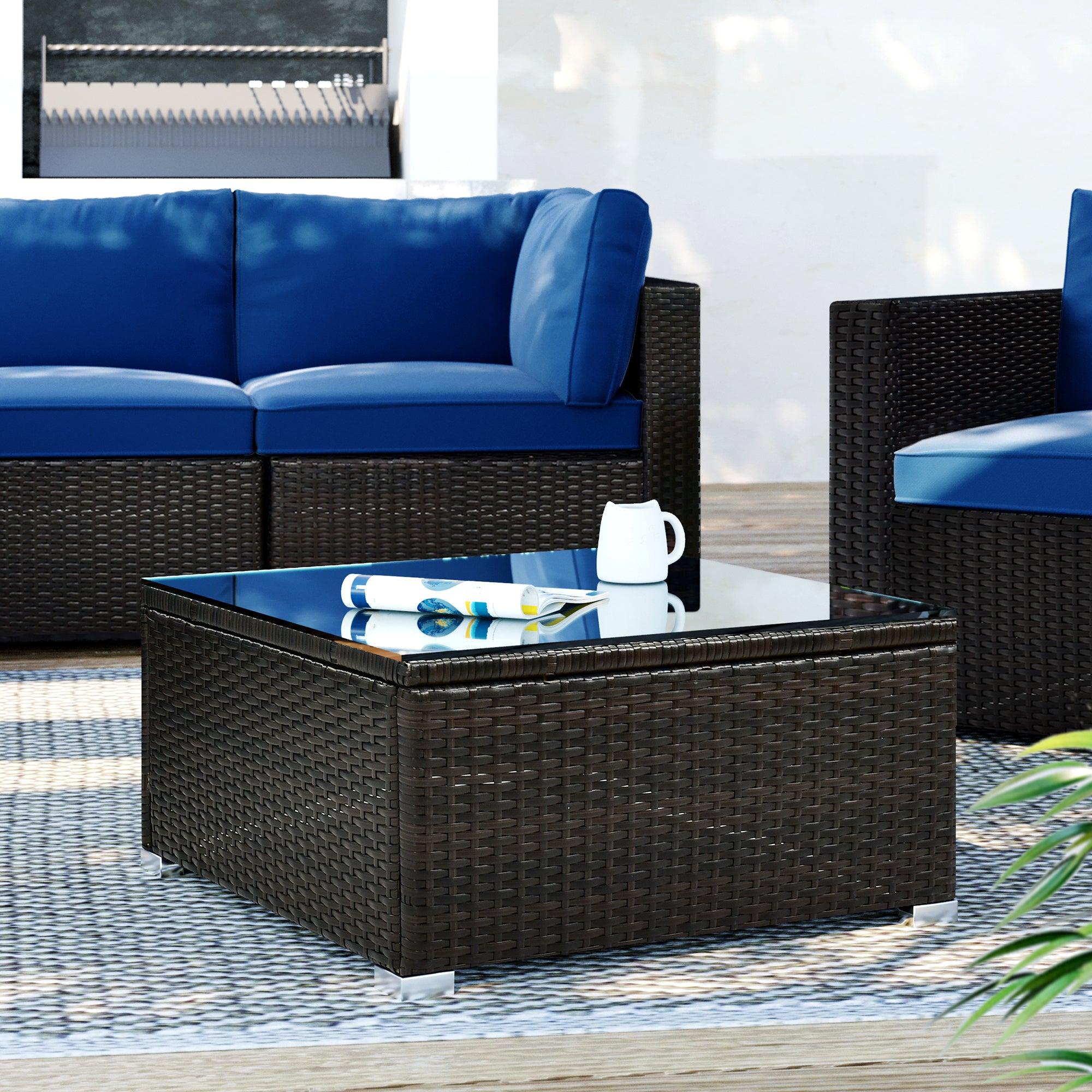 6PCS Outdoor Patio Sectional All Weather PE Wicker Rattan Sofa Set with Glass Table and Blue Cushions