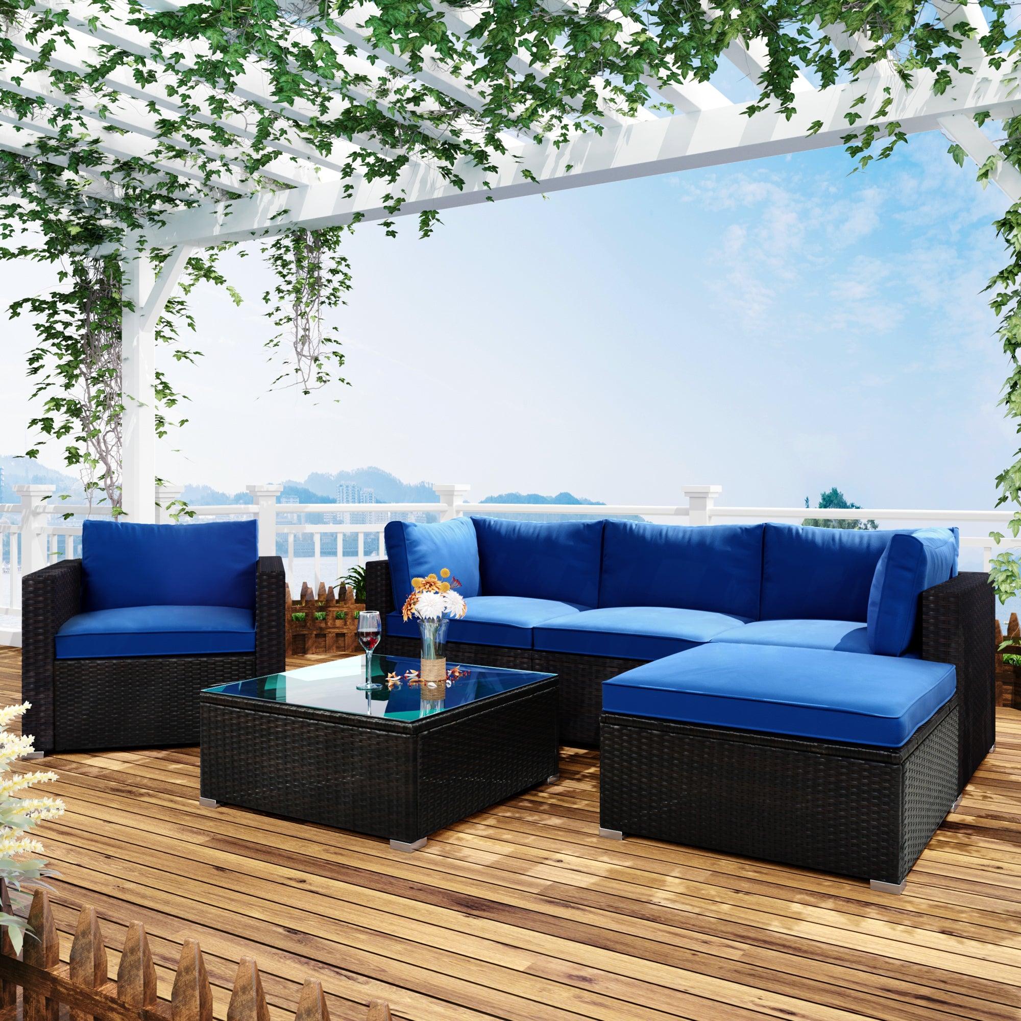 6PCS Outdoor Patio Sectional All Weather PE Wicker Rattan Sofa Set with Glass Table and Blue Cushions