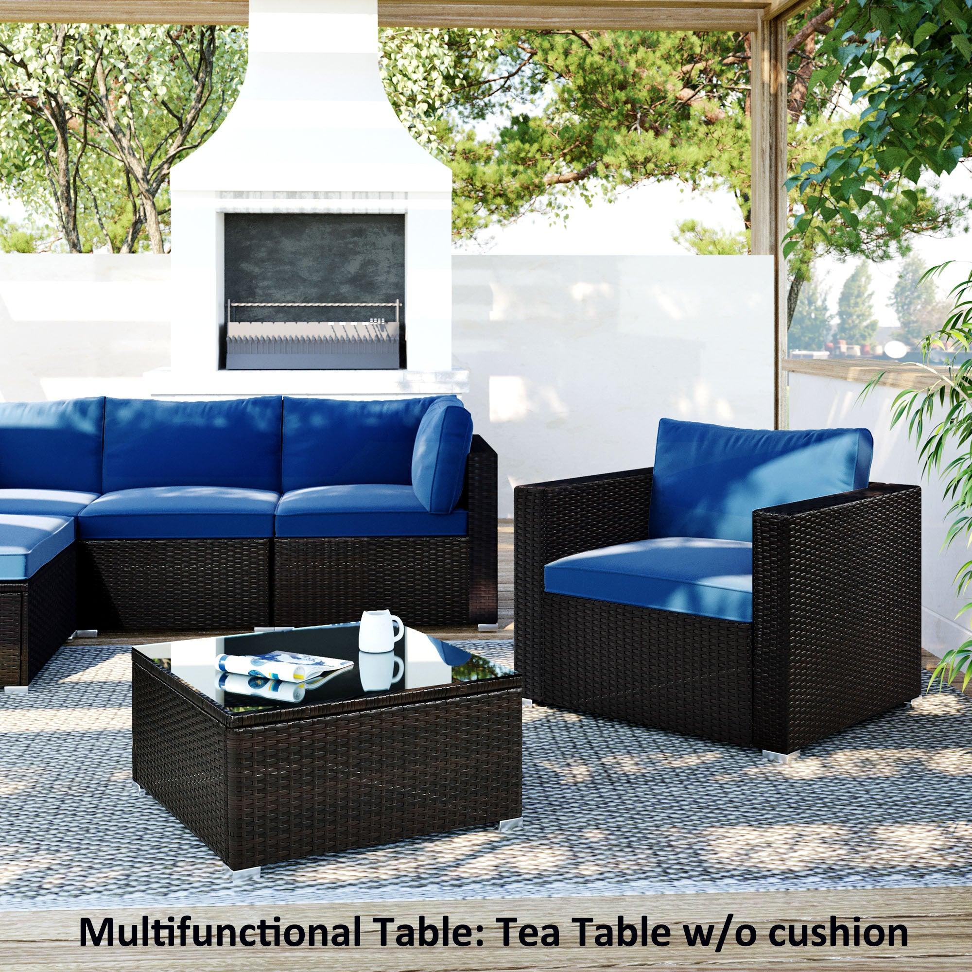 6PCS Outdoor Patio Sectional All Weather PE Wicker Rattan Sofa Set with Glass Table and Blue Cushions