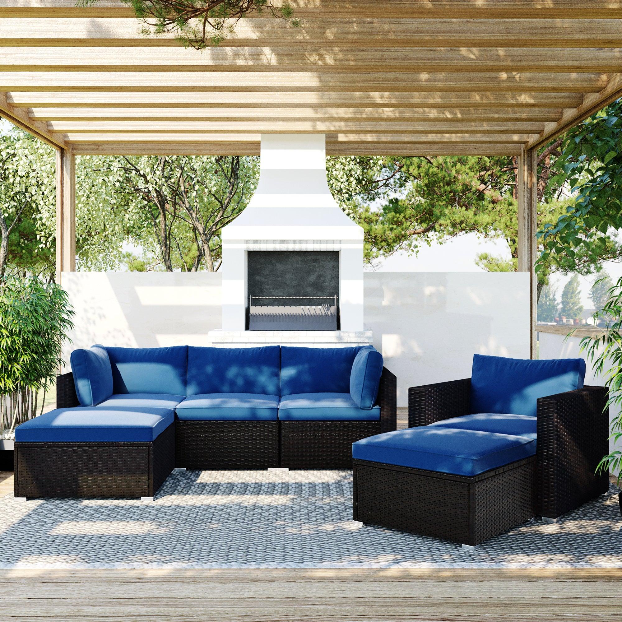 6PCS Outdoor Patio Sectional All Weather PE Wicker Rattan Sofa Set with Glass Table and Blue Cushions image