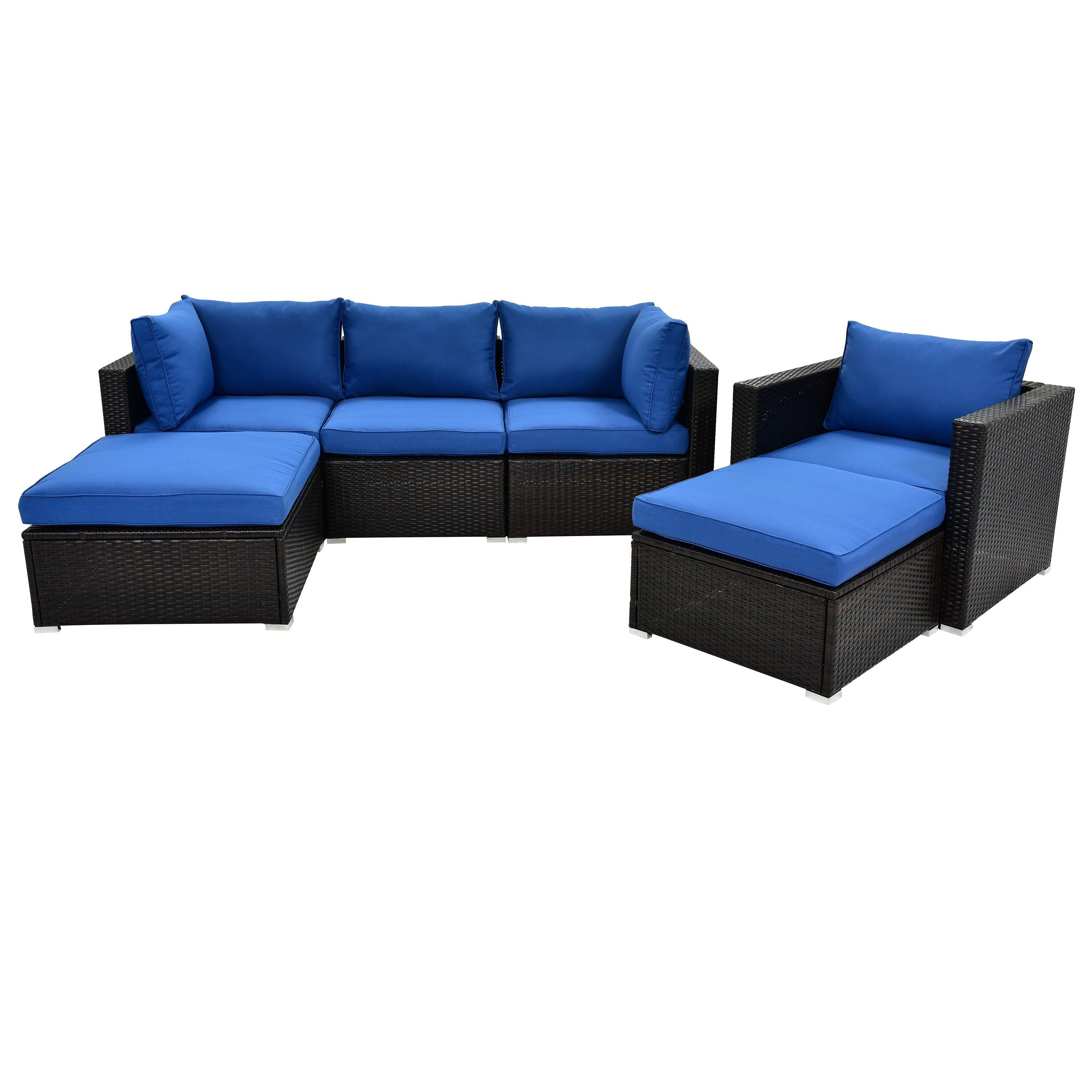 6PCS Outdoor Patio Sectional All Weather PE Wicker Rattan Sofa Set with Glass Table and Blue Cushions