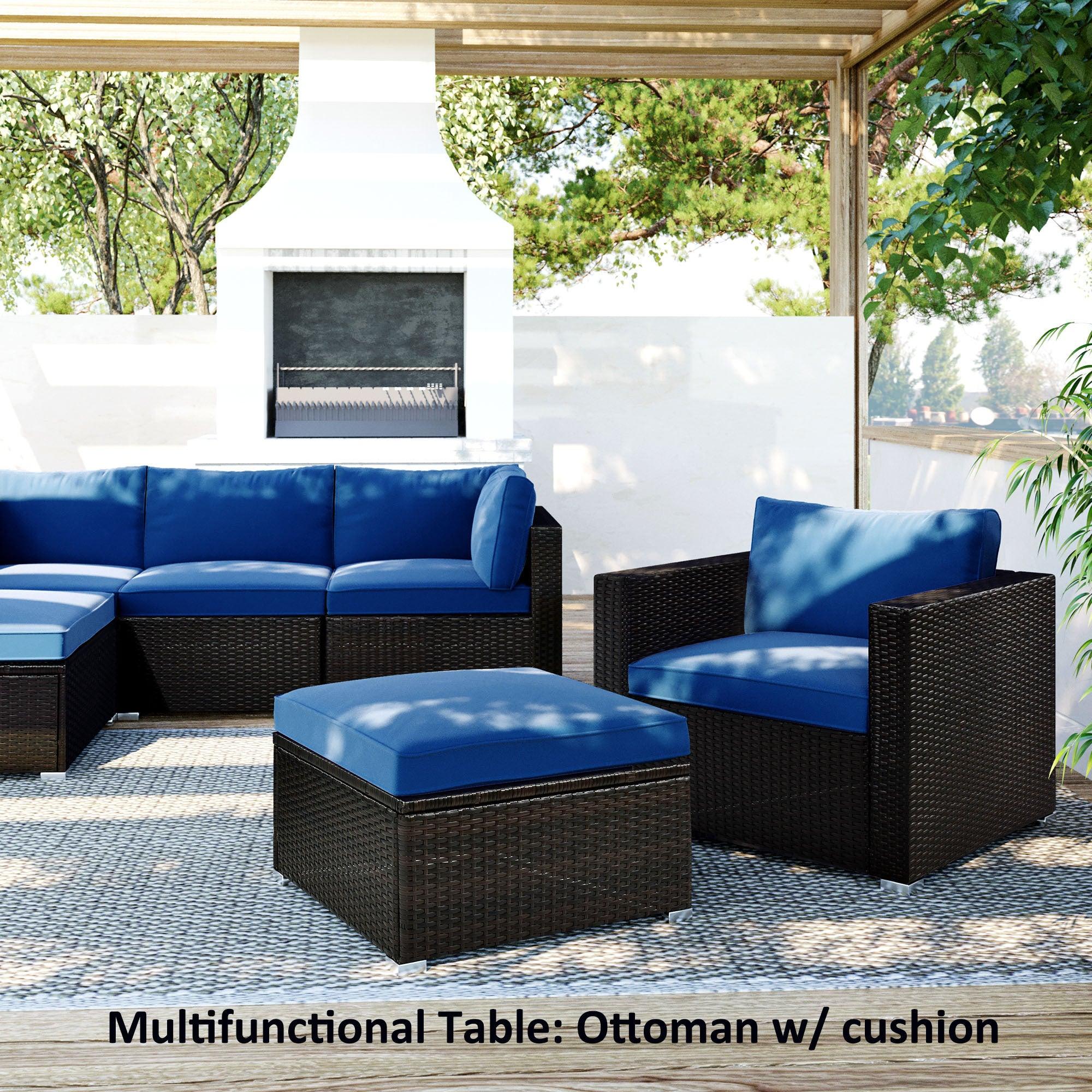 6PCS Outdoor Patio Sectional All Weather PE Wicker Rattan Sofa Set with Glass Table and Blue Cushions