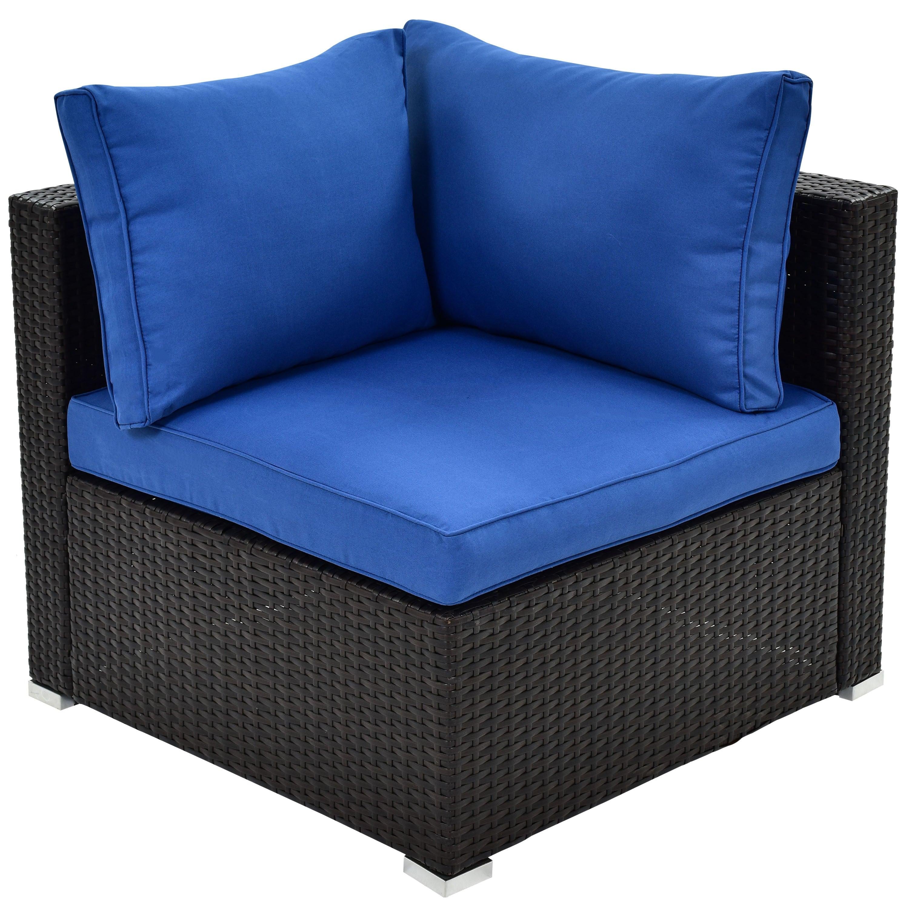 6PCS Outdoor Patio Sectional All Weather PE Wicker Rattan Sofa Set with Glass Table and Blue Cushions