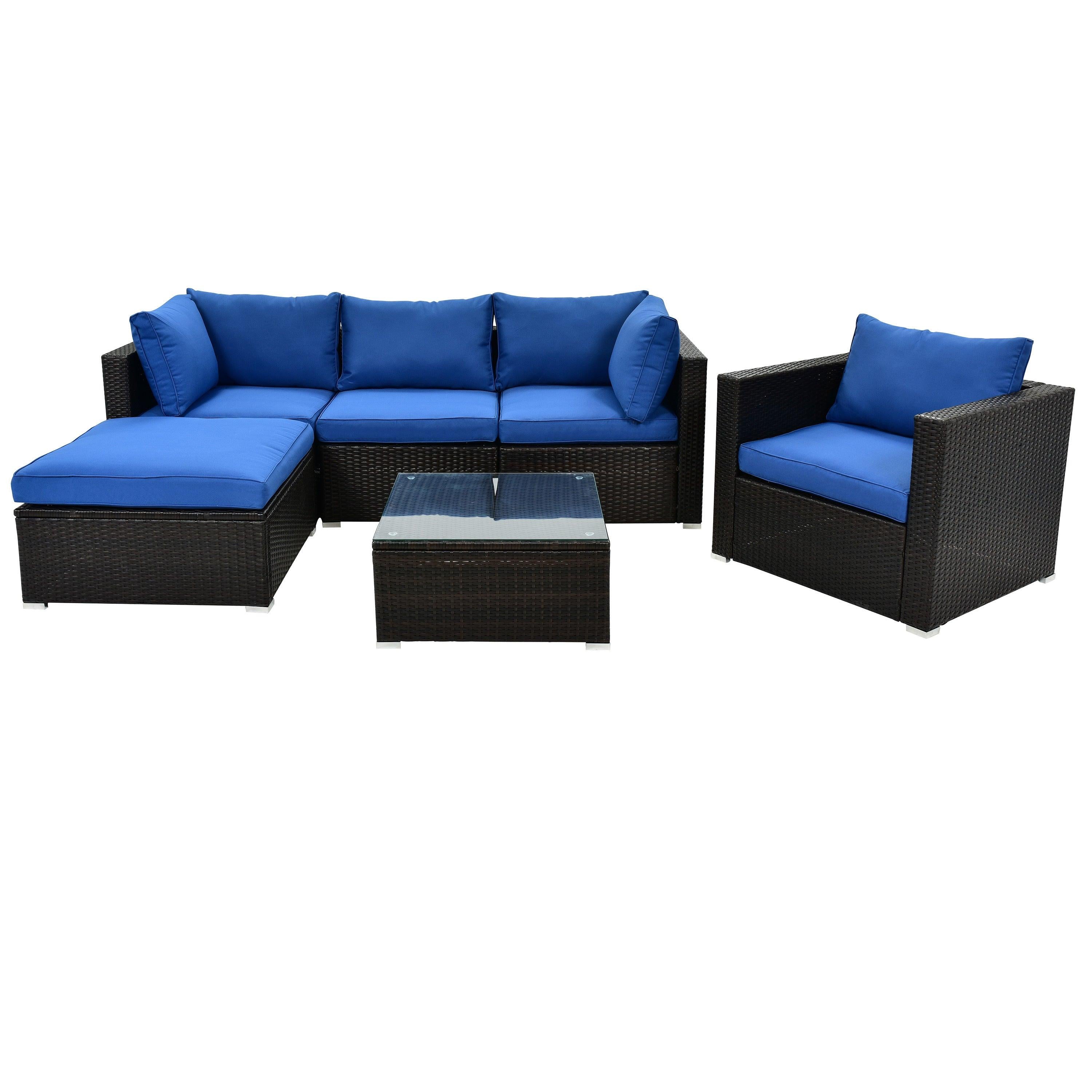 6PCS Outdoor Patio Sectional All Weather PE Wicker Rattan Sofa Set with Glass Table and Blue Cushions