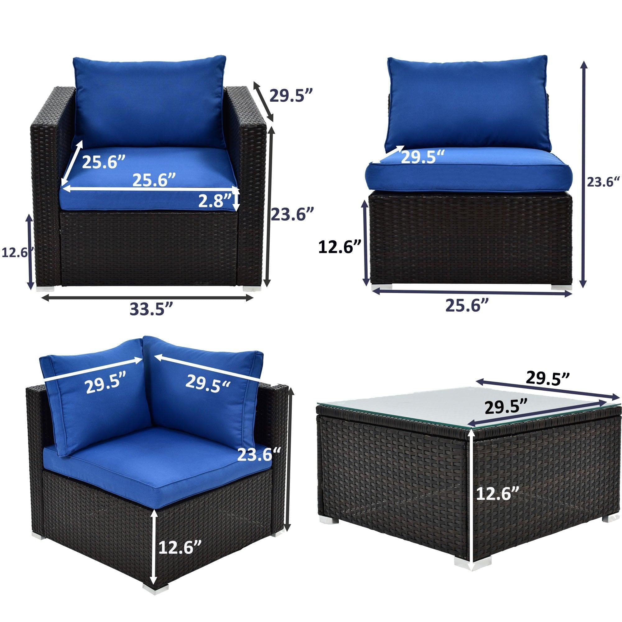 6PCS Outdoor Patio Sectional All Weather PE Wicker Rattan Sofa Set with Glass Table and Blue Cushions