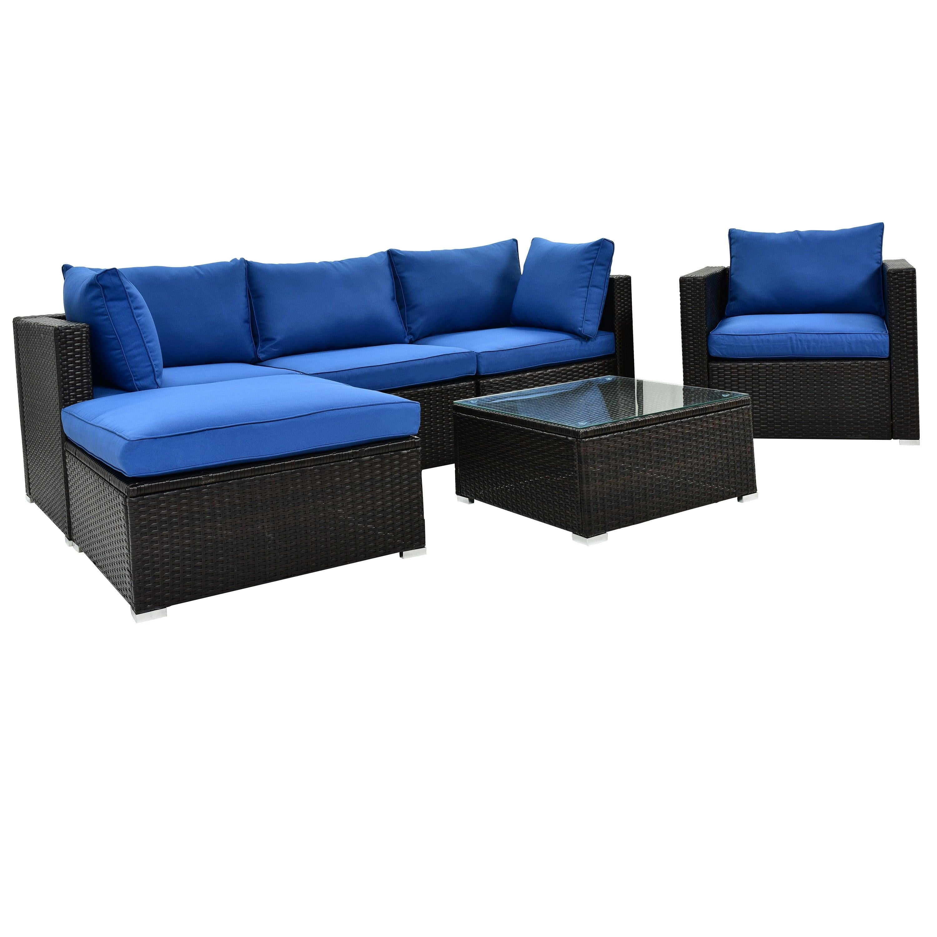 6PCS Outdoor Patio Sectional All Weather PE Wicker Rattan Sofa Set with Glass Table and Blue Cushions