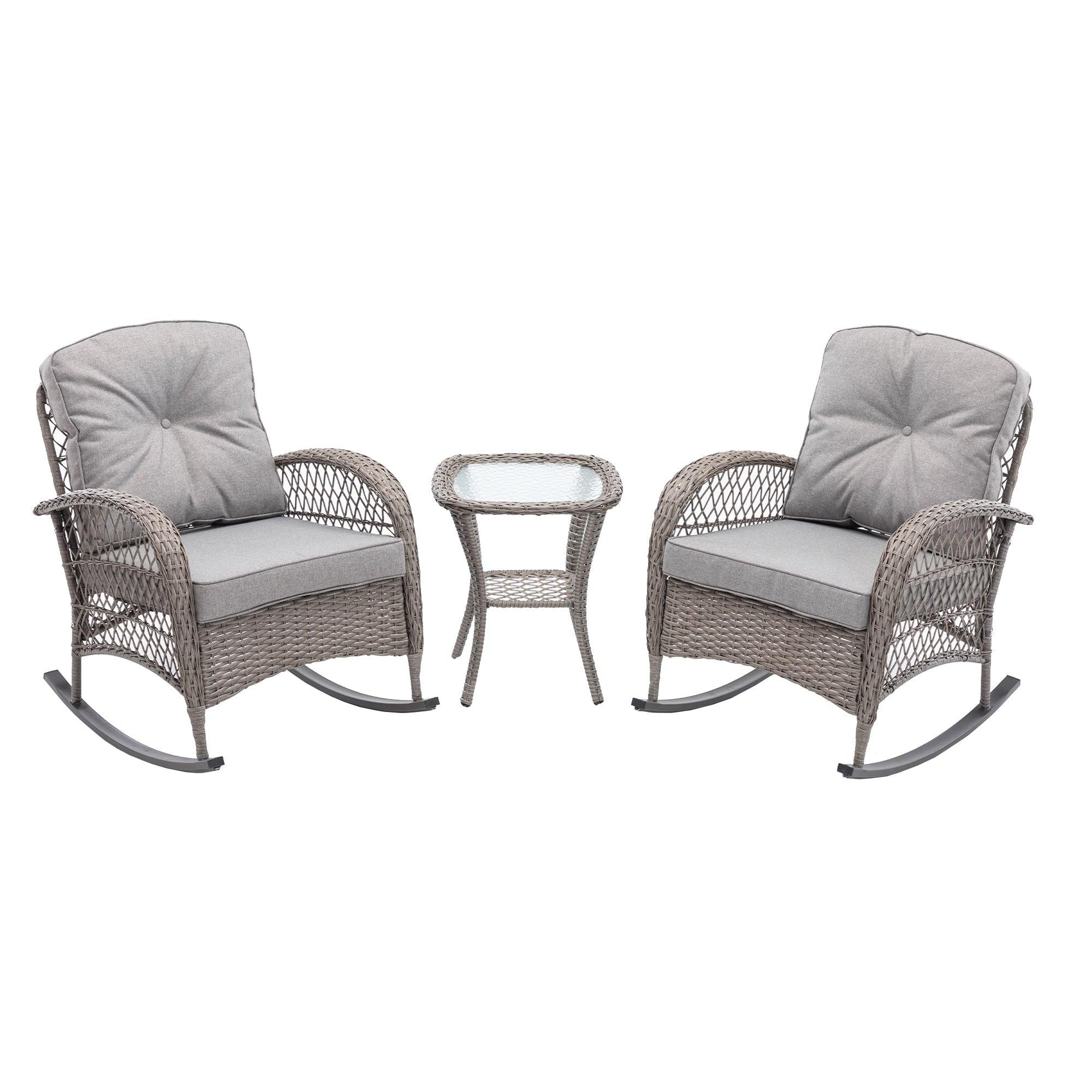 3 PCS Outdoor FurnitureModern Wicker Rattan Rocking Chair Set with Gray Cushion