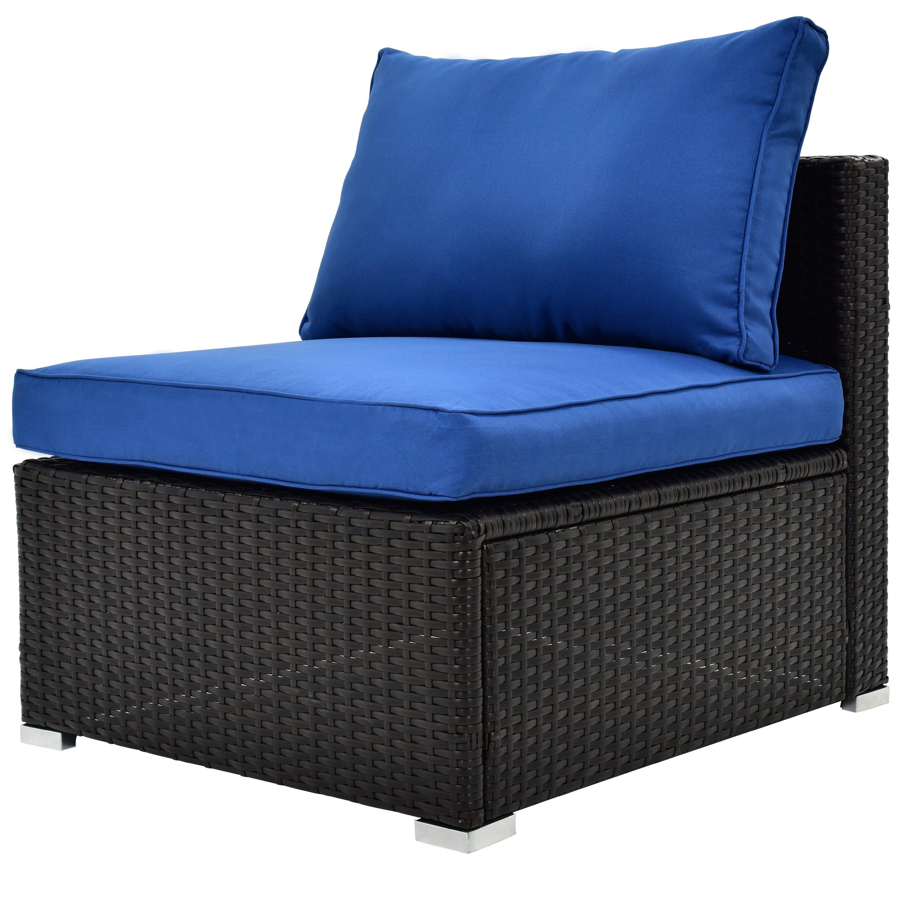 6PCS Outdoor Patio Sectional All Weather PE Wicker Rattan Sofa Set with Glass Table and Blue Cushions