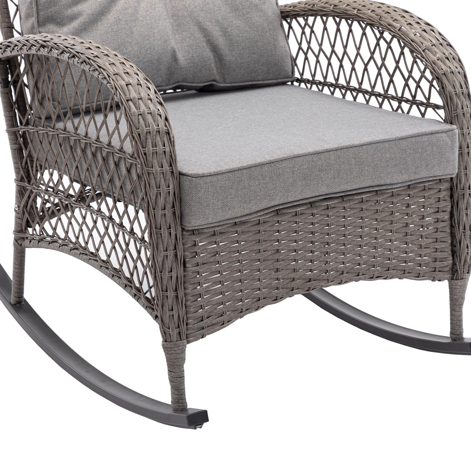 3 PCS Outdoor FurnitureModern Wicker Rattan Rocking Chair Set with Gray Cushion