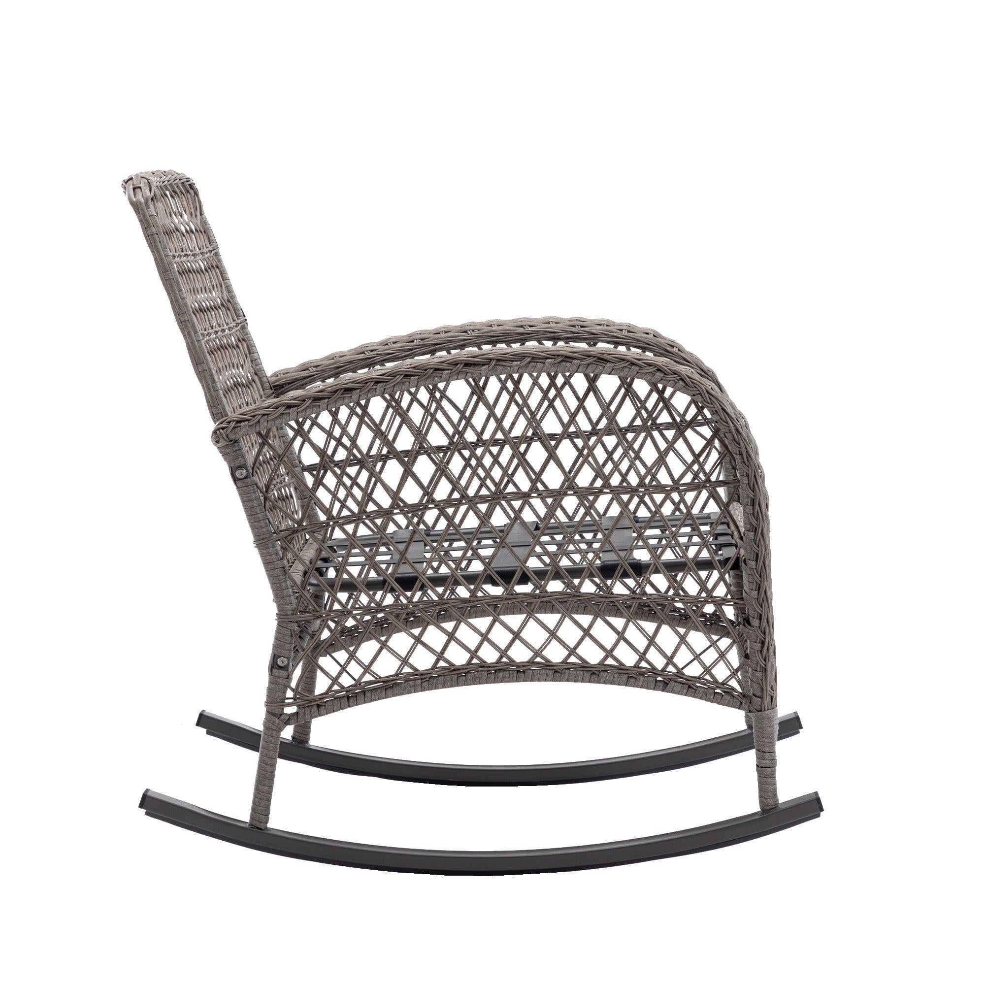 3 PCS Outdoor FurnitureModern Wicker Rattan Rocking Chair Set with Gray Cushion