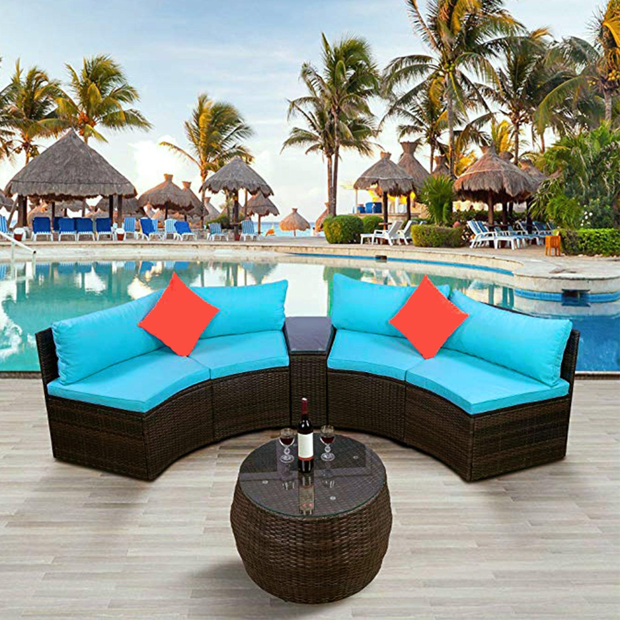 4 PCS Outdoor Patio Half-Moon Sectional Furniture Wicker Sofa Set with Two Pillows, Coffee Table, and Blue Cushions