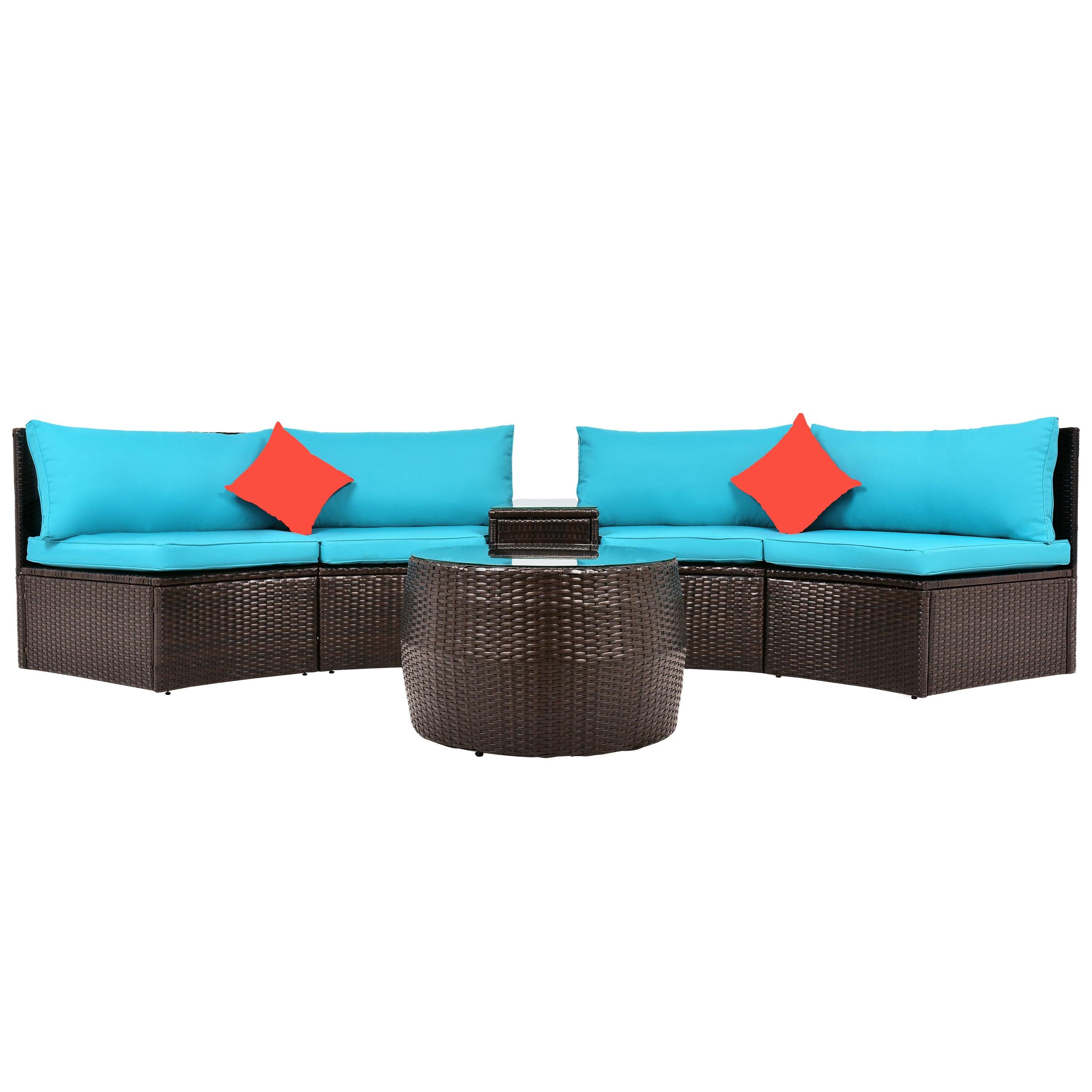 4 PCS Outdoor Patio Half-Moon Sectional Furniture Wicker Sofa Set with Two Pillows, Coffee Table, and Blue Cushions