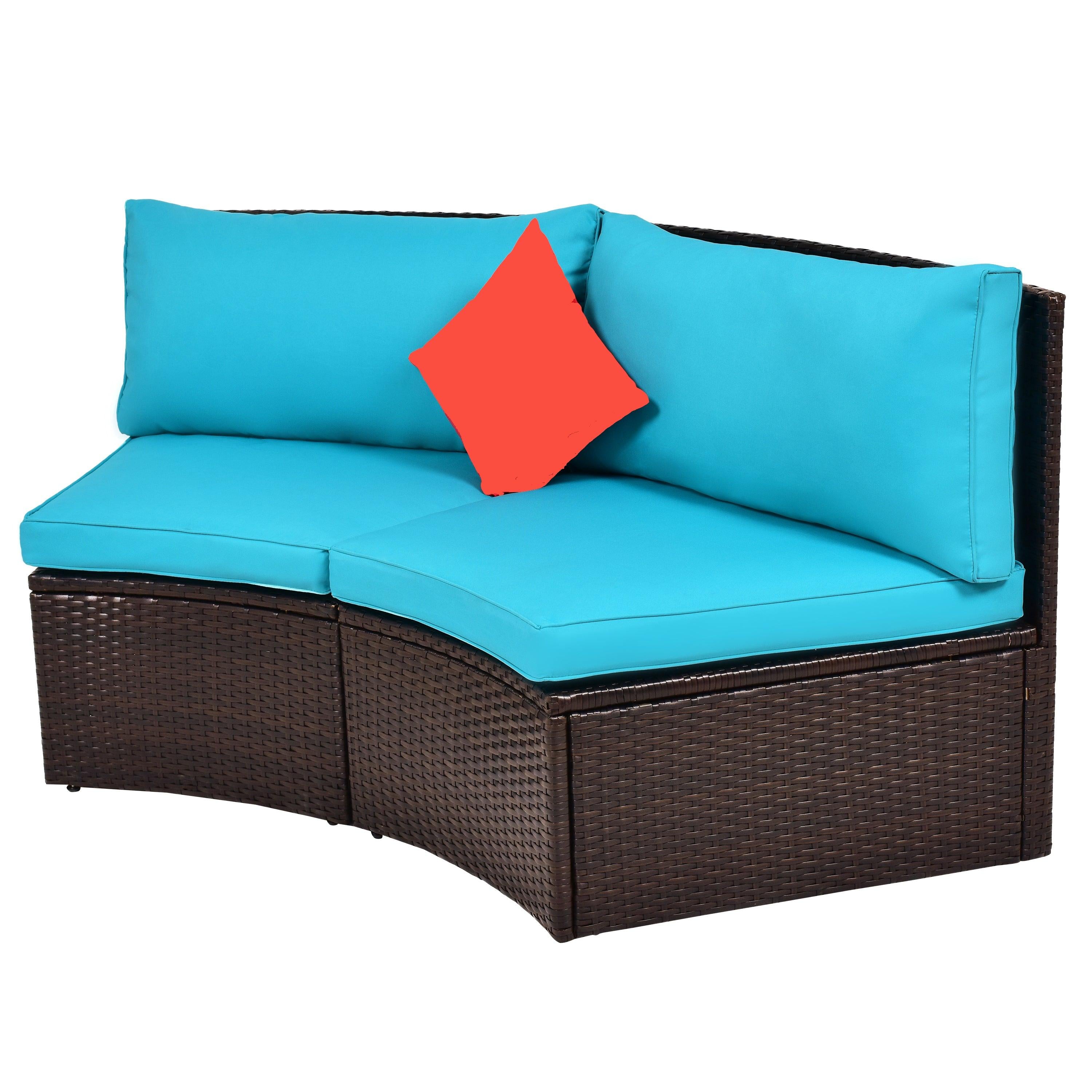 4 PCS Outdoor Patio Half-Moon Sectional Furniture Wicker Sofa Set with Two Pillows, Coffee Table, and Blue Cushions