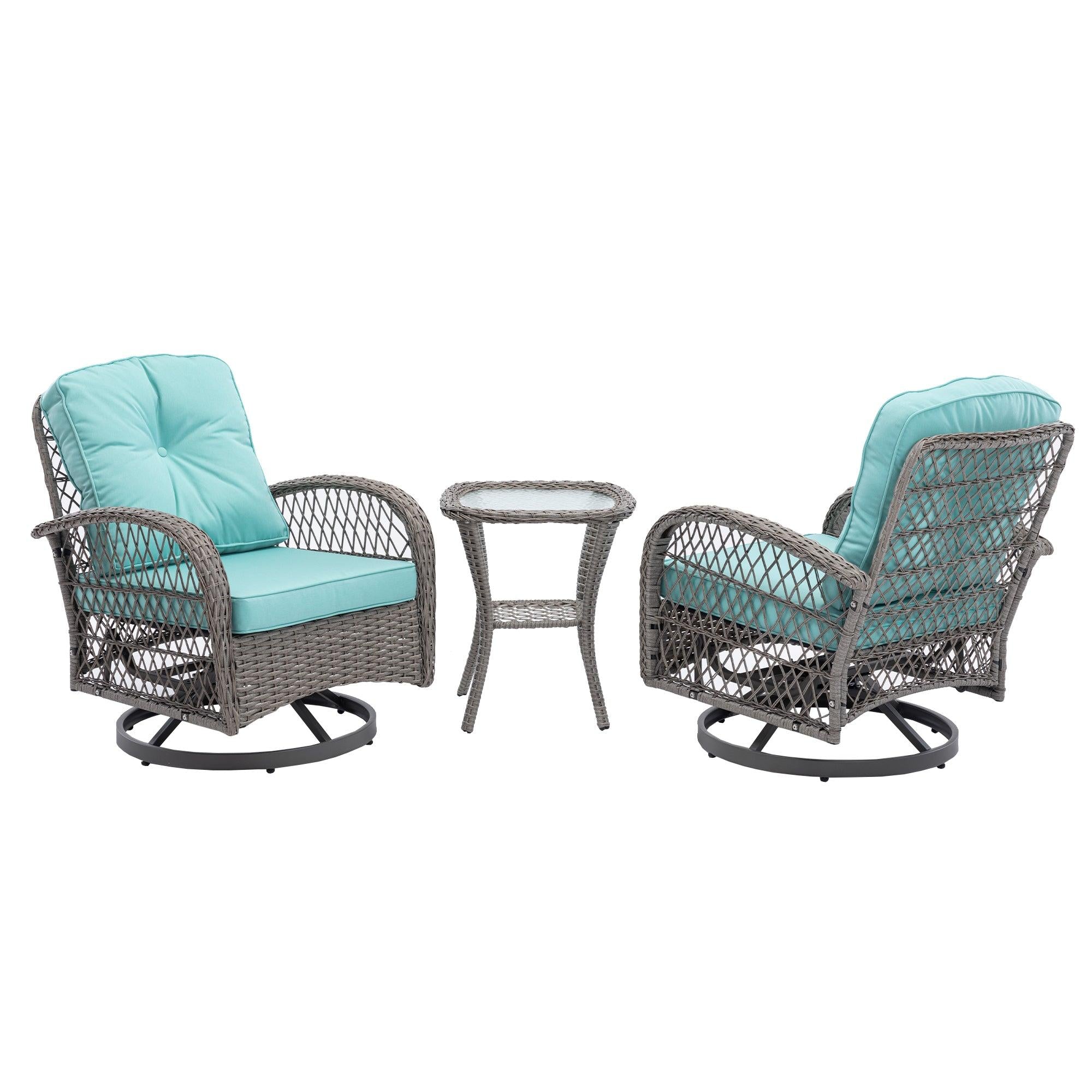 3 PCS Outdoor PatioModern Wicker Set with Table, Swivel Base Chairs and Blue Cushions