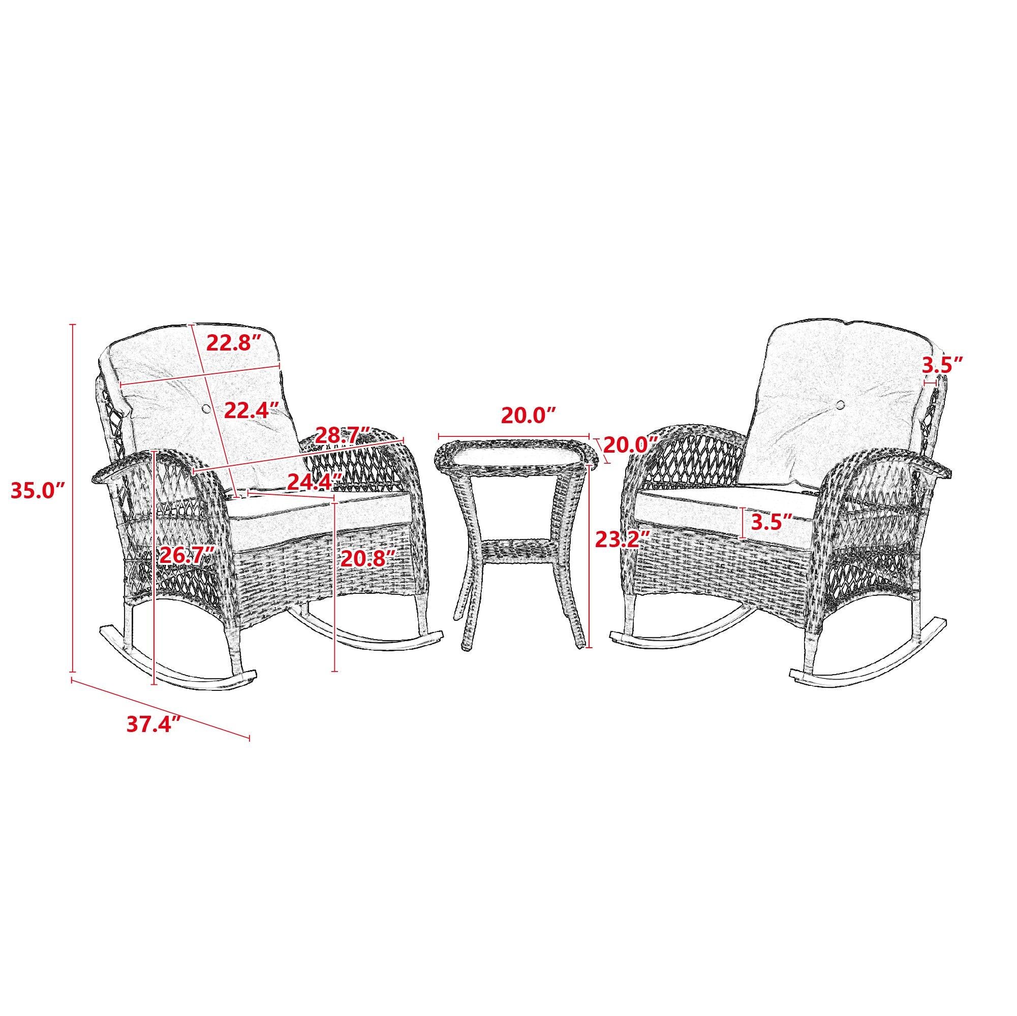 3 PCS Outdoor FurnitureModern Wicker Rattan Rocking Chair Set with Gray Cushion