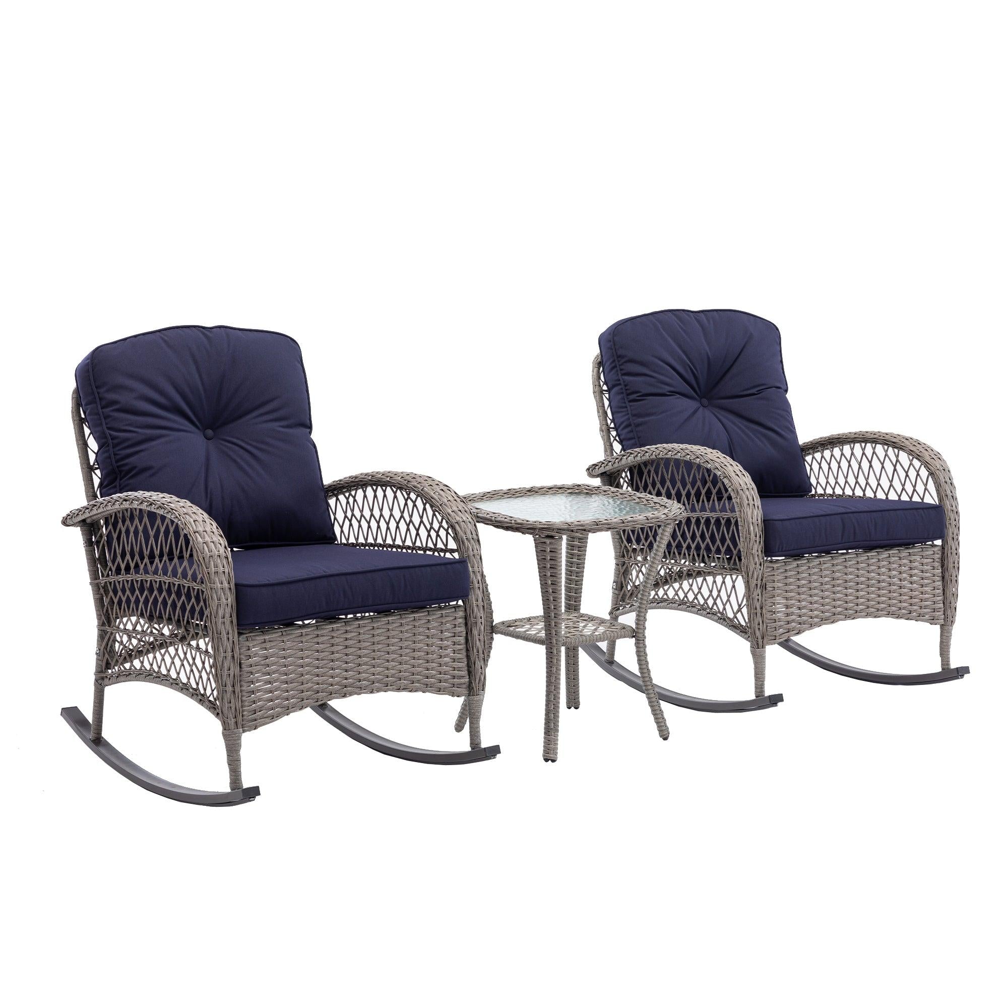 3 PCS Outdoor FurnitureModern Wicker Rattan Rocking Chair Set with Navy Blue Cushion