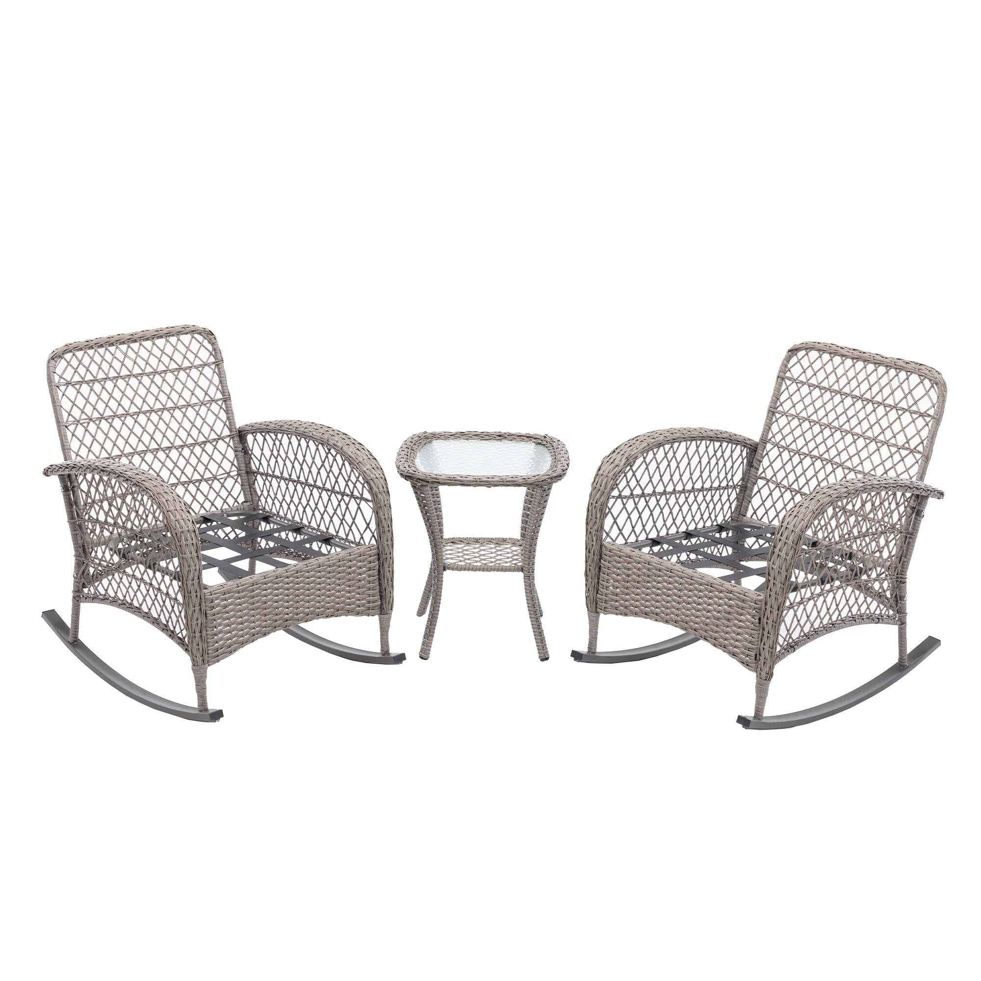 3 PCS Outdoor FurnitureModern Wicker Rattan Rocking Chair Set with Navy Blue Cushion