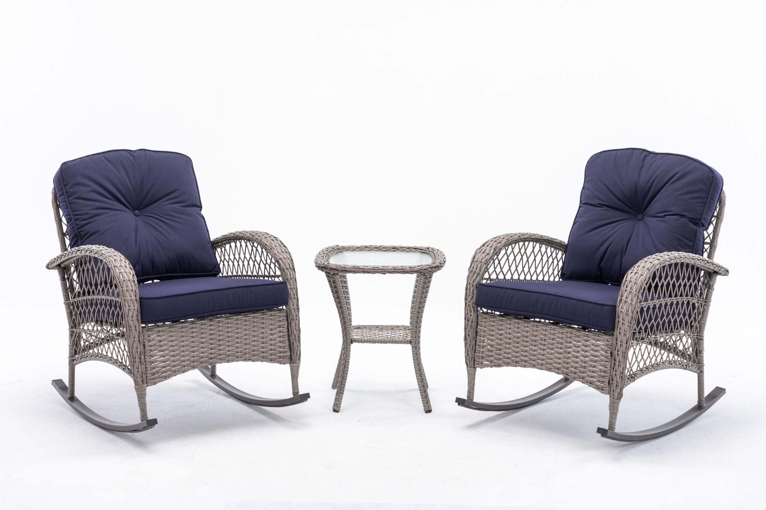 3 PCS Outdoor FurnitureModern Wicker Rattan Rocking Chair Set with Navy Blue Cushion