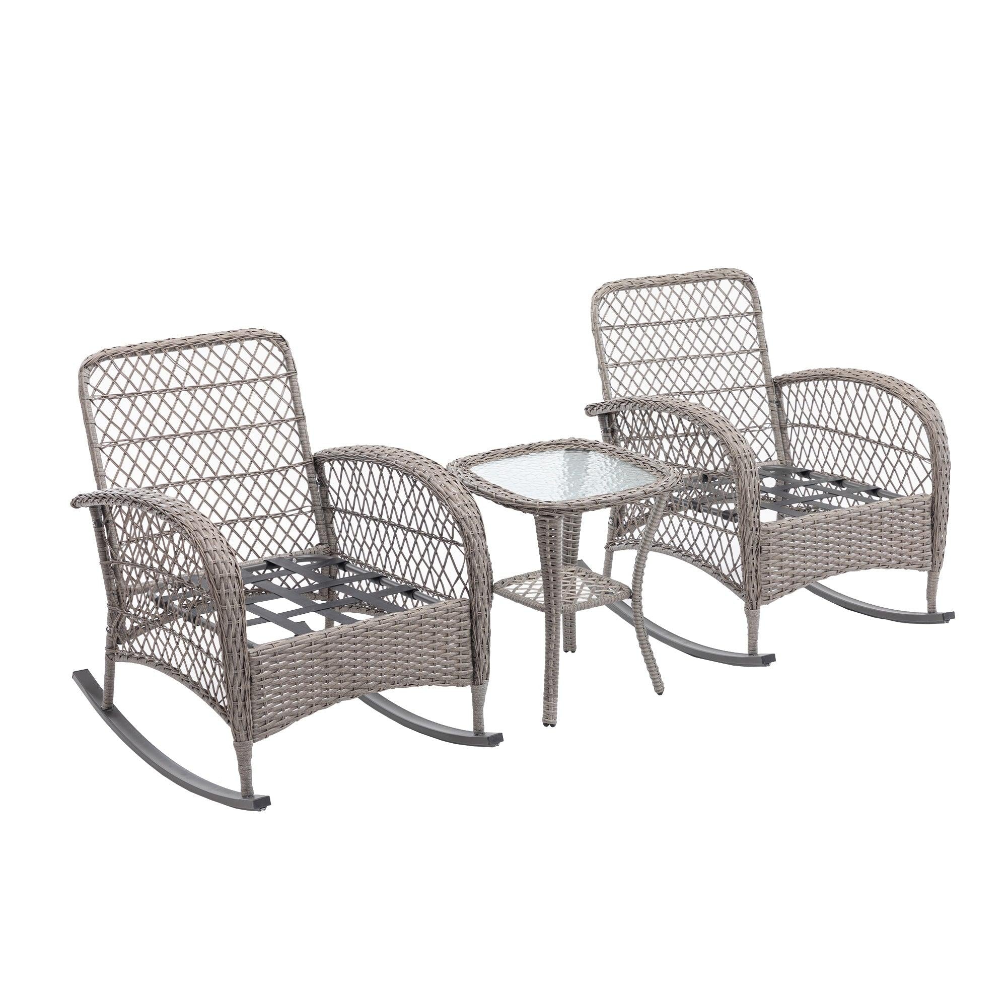 3 PCS Outdoor FurnitureModern Wicker Rattan Rocking Chair Set with Navy Blue Cushion