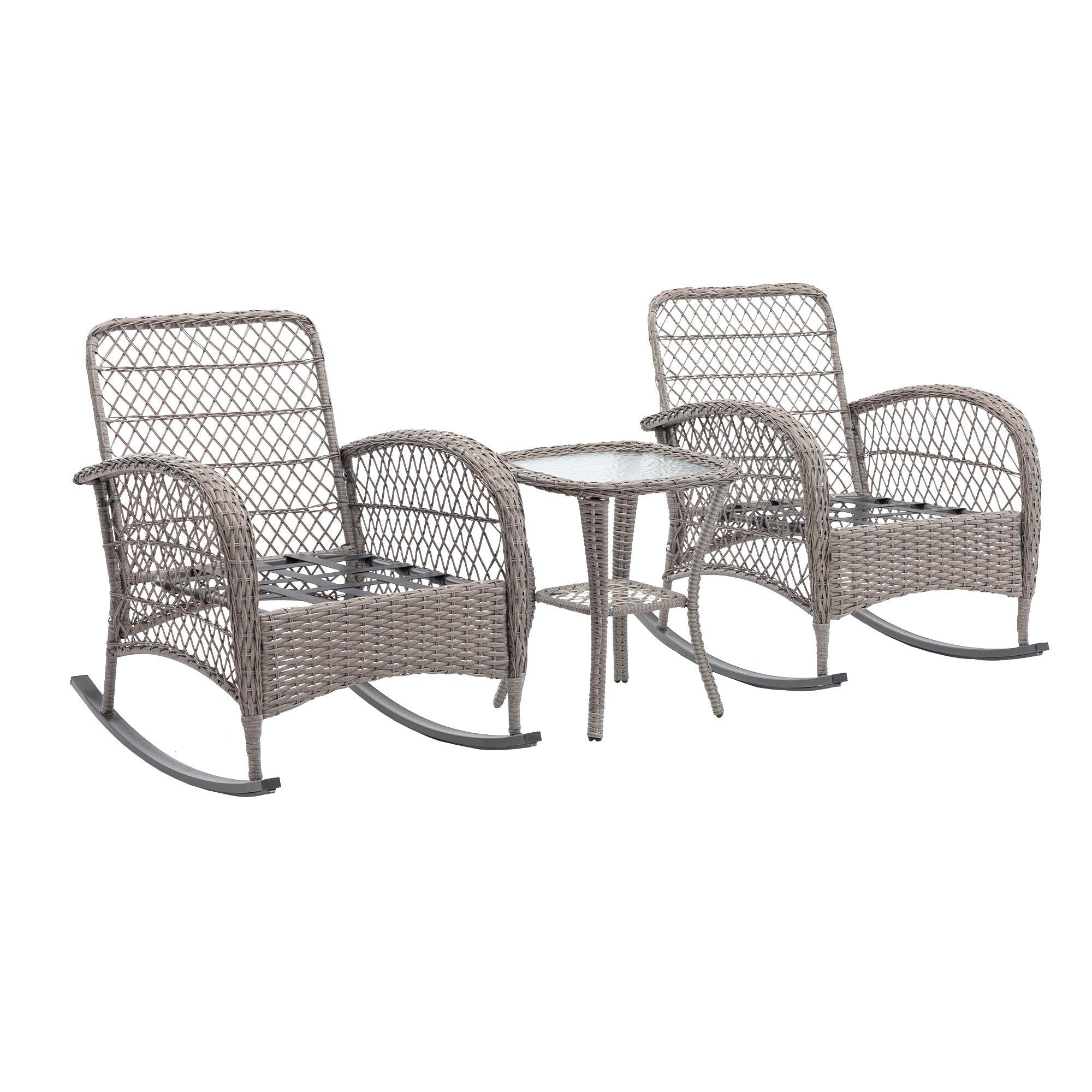 3 PCS Outdoor FurnitureModern Wicker Rattan Rocking Chair Set with Gray Cushion