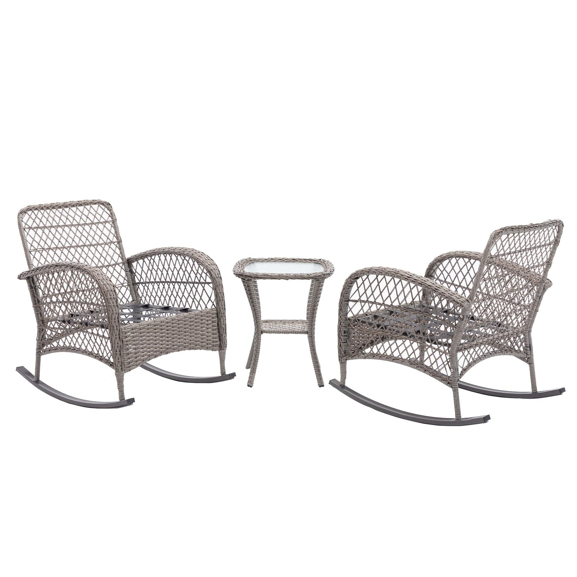 3 PCS Outdoor FurnitureModern Wicker Rattan Rocking Chair Set with Navy Blue Cushion