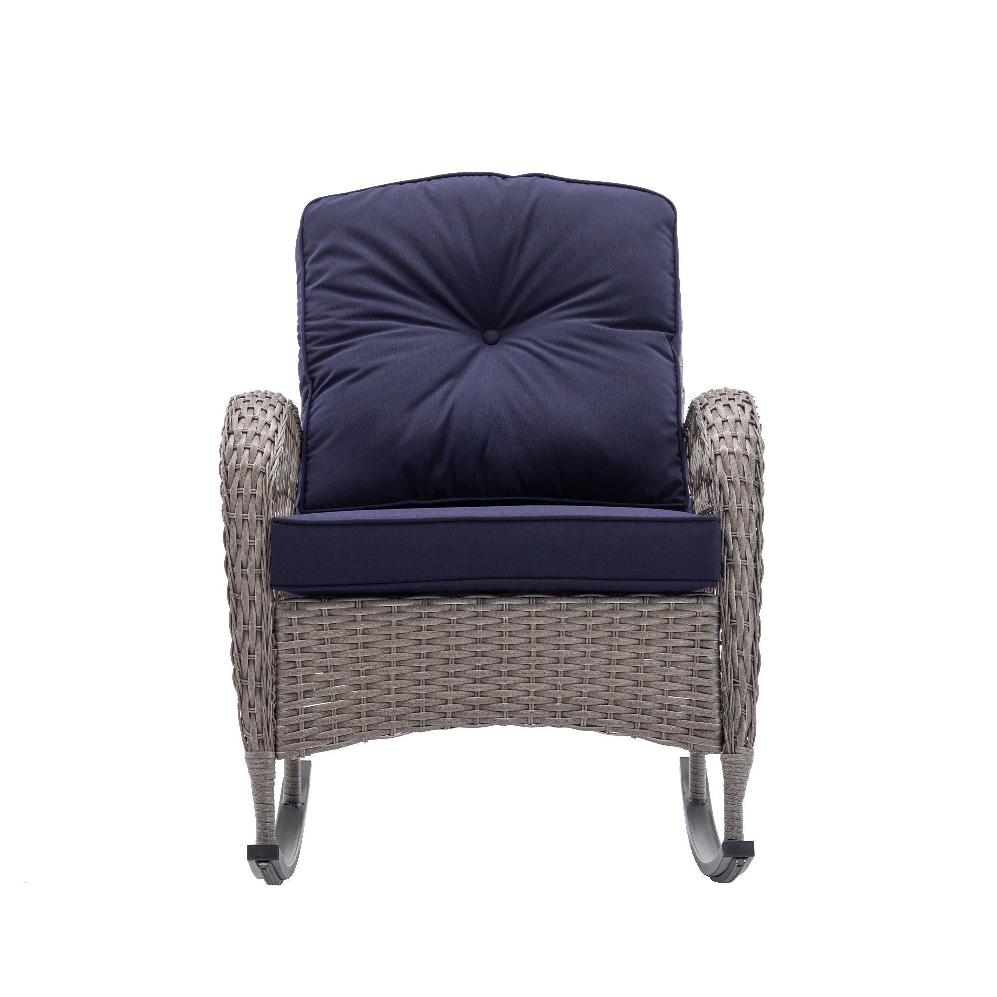 3 PCS Outdoor FurnitureModern Wicker Rattan Rocking Chair Set with Navy Blue Cushion