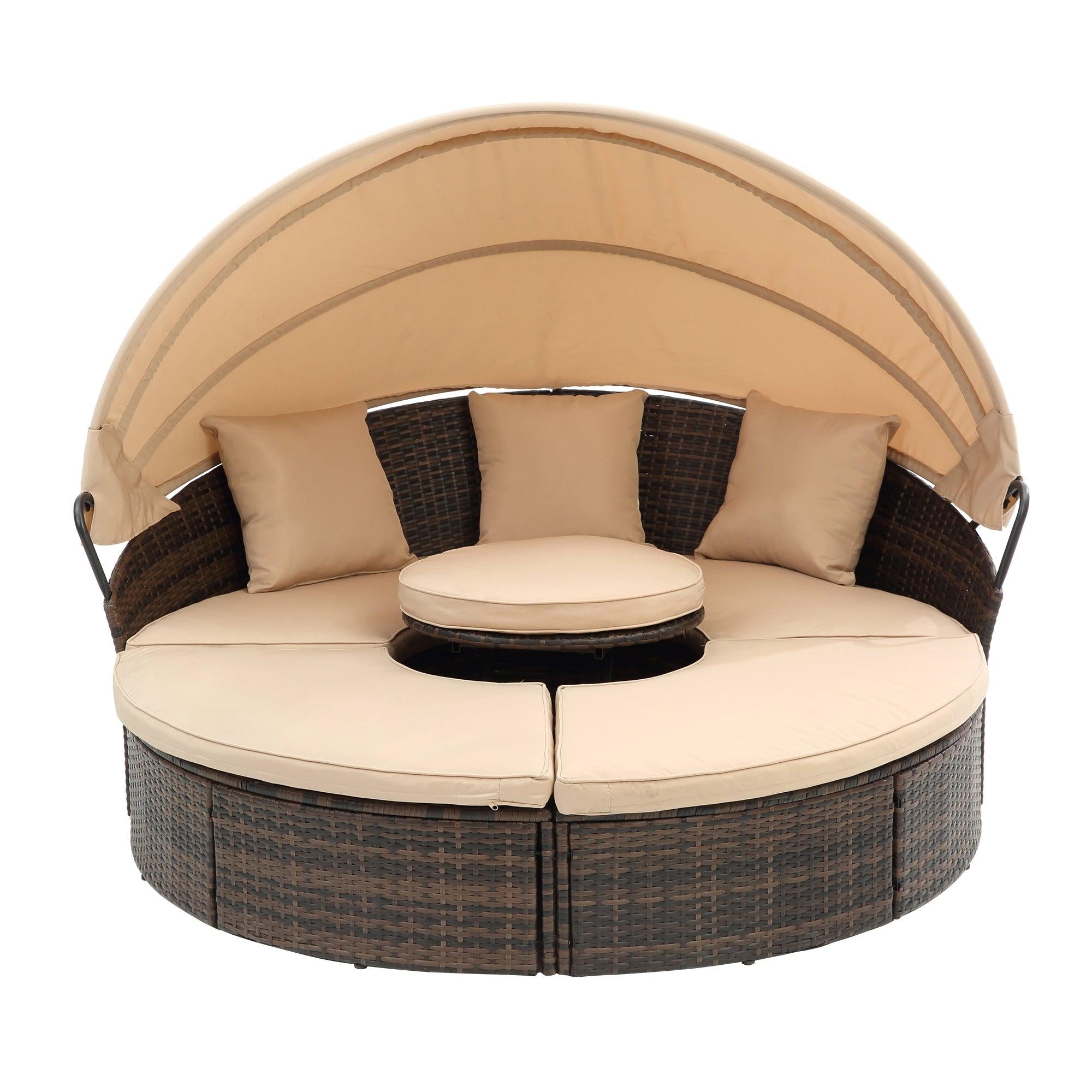 Wicker Rattan Round Lounge With Canopy, Lifted Coffee Table and Beige Cushions