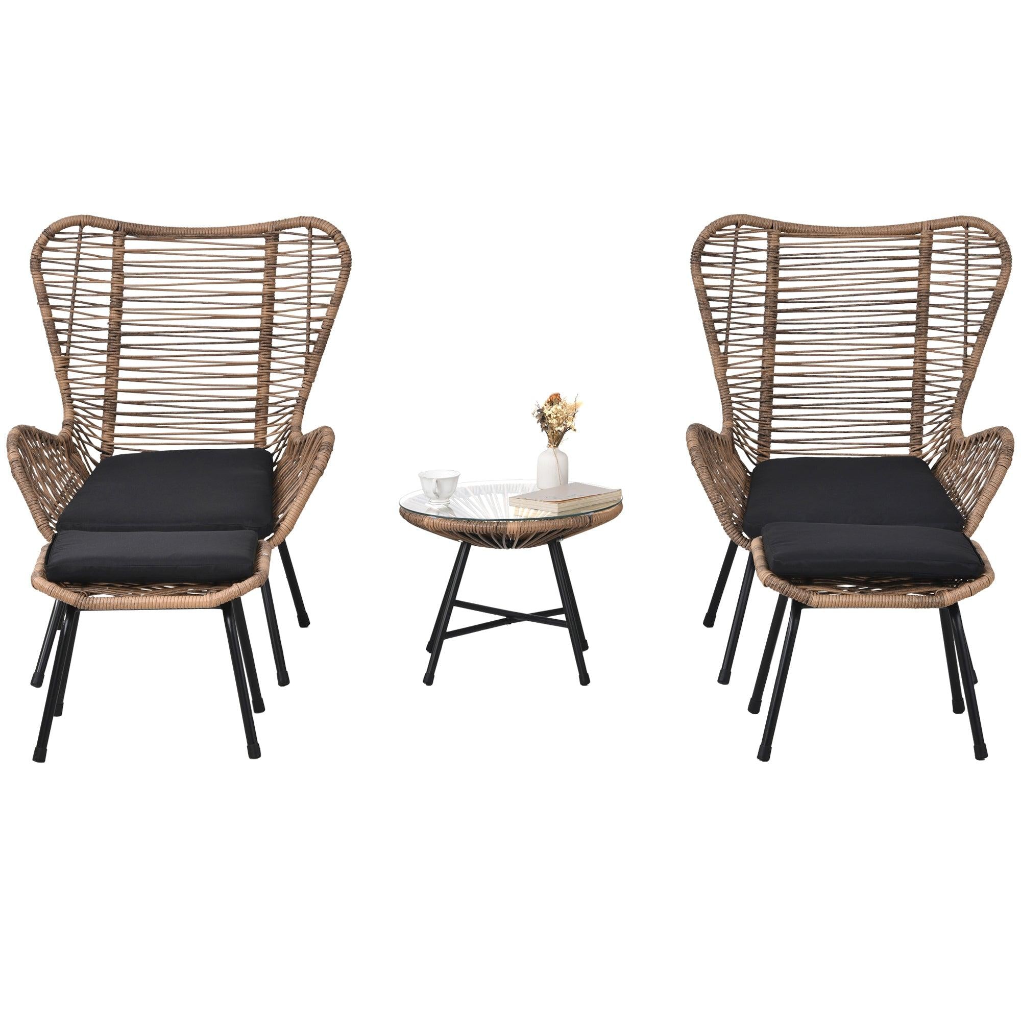 5 PCS Outdoor Patio PE Wicker Arm Chairs with Stools and Tempered Glass Tea Table - Natural Rattan and Dark Gray