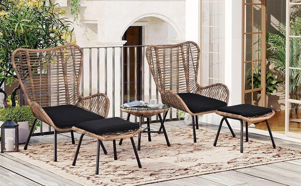 5 PCS Outdoor Patio PE Wicker Arm Chairs with Stools and Tempered Glass Tea Table - Natural Rattan and Dark Gray