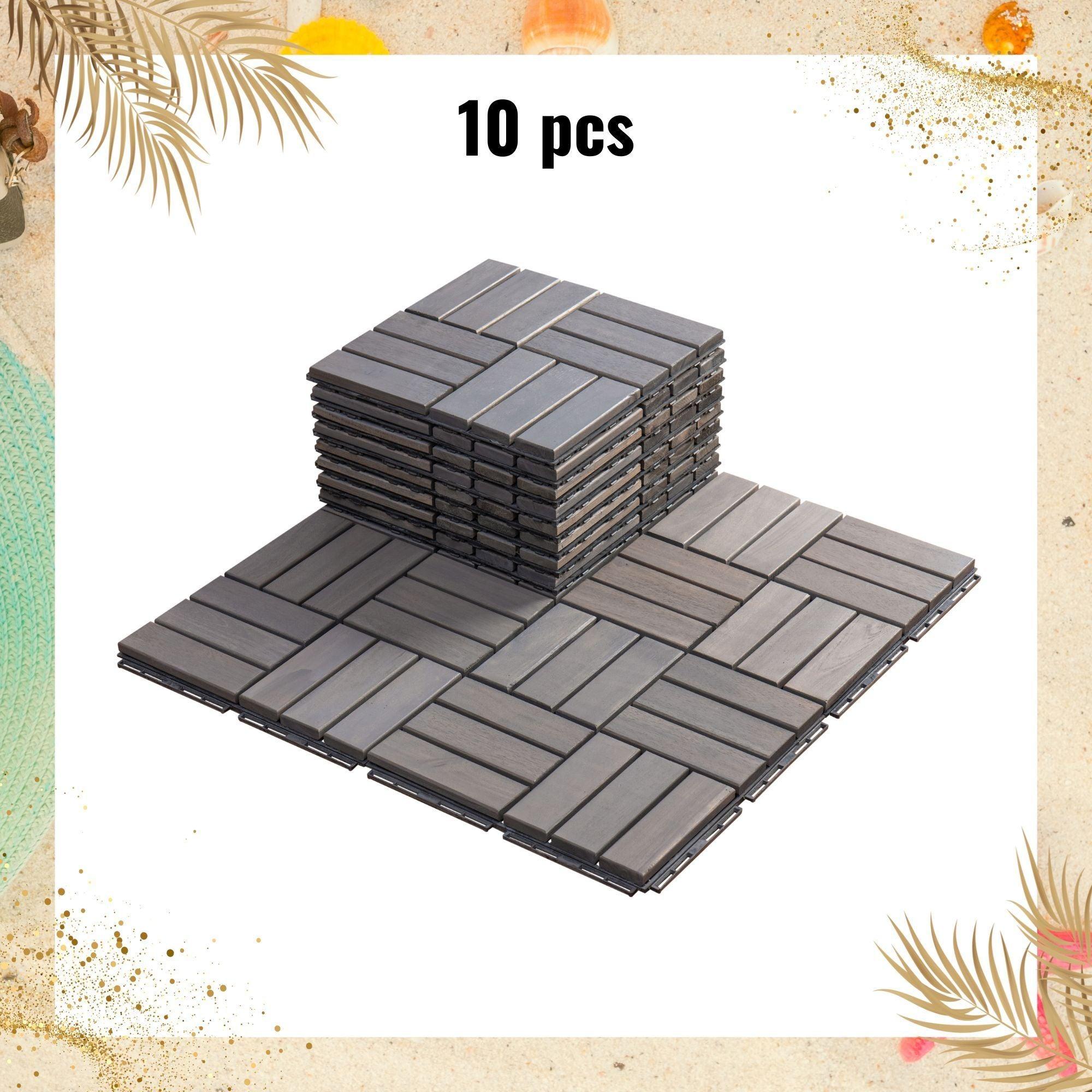 10 PCS Outdoor Light Gray Square Acacia Hardwood 12" x 12" Interlocking Deck Tiles Checker Pattern image