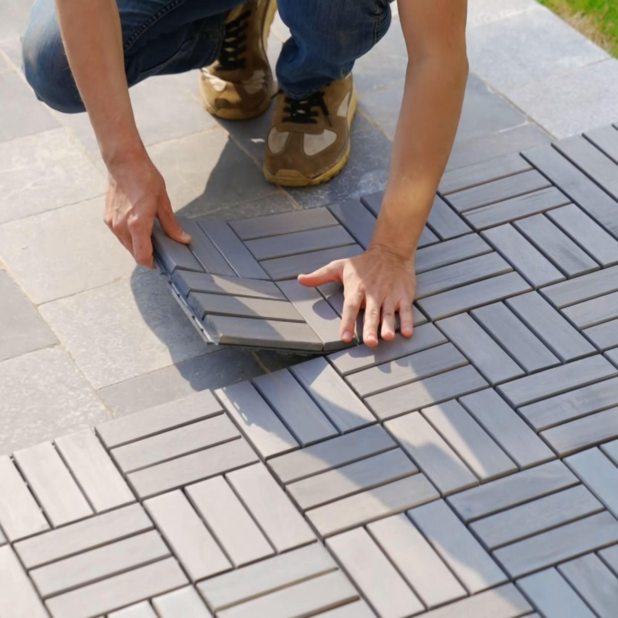 10 PCS Outdoor Light Gray Square Acacia Hardwood 12" x 12" Interlocking Deck Tiles Checker Pattern