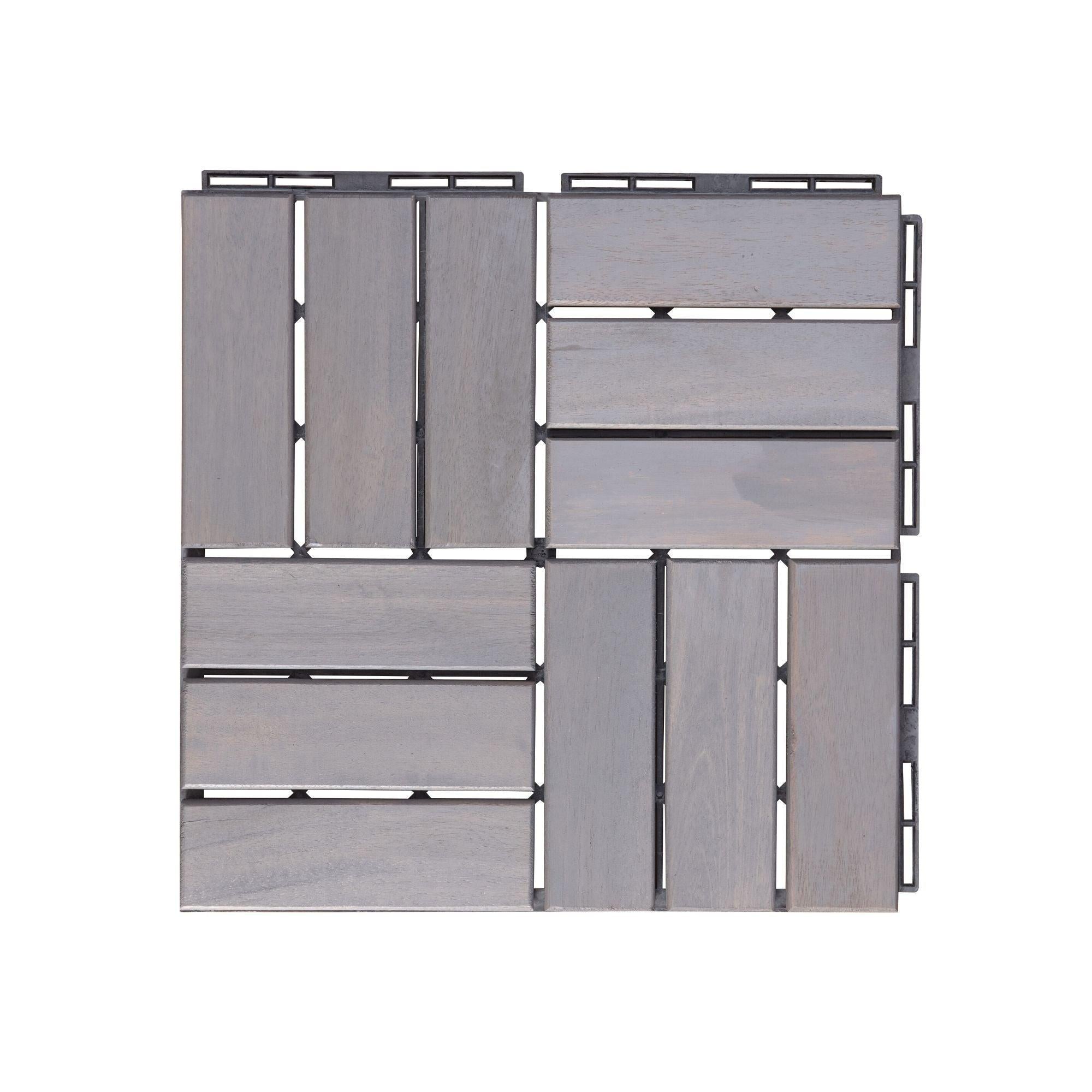 10 PCS Outdoor Light Gray Square Acacia Hardwood 12" x 12" Interlocking Deck Tiles Checker Pattern