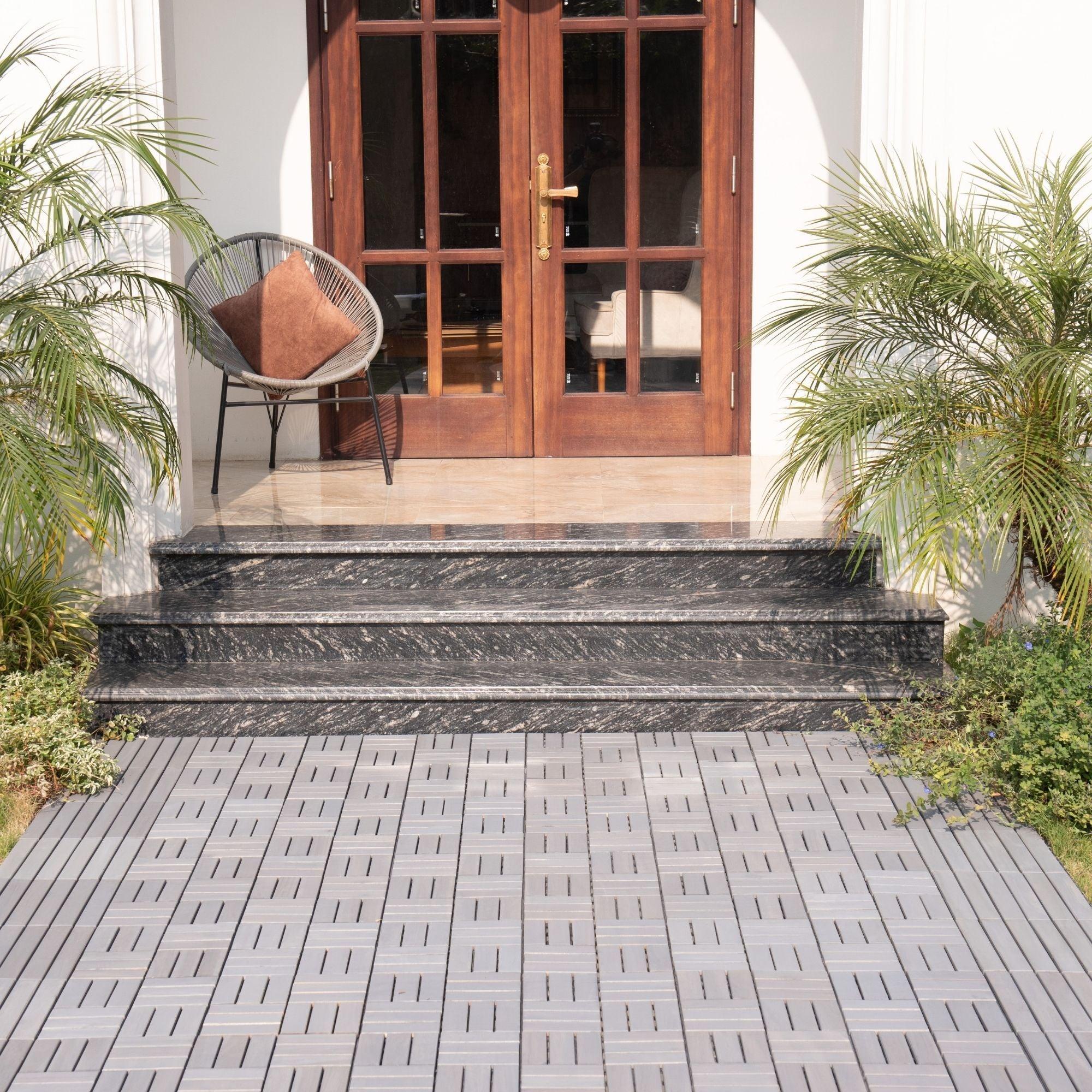 10 PCS Outdoor Light Gray Square Acacia Hardwood 12" x 12" Interlocking Deck Tiles Checker Pattern