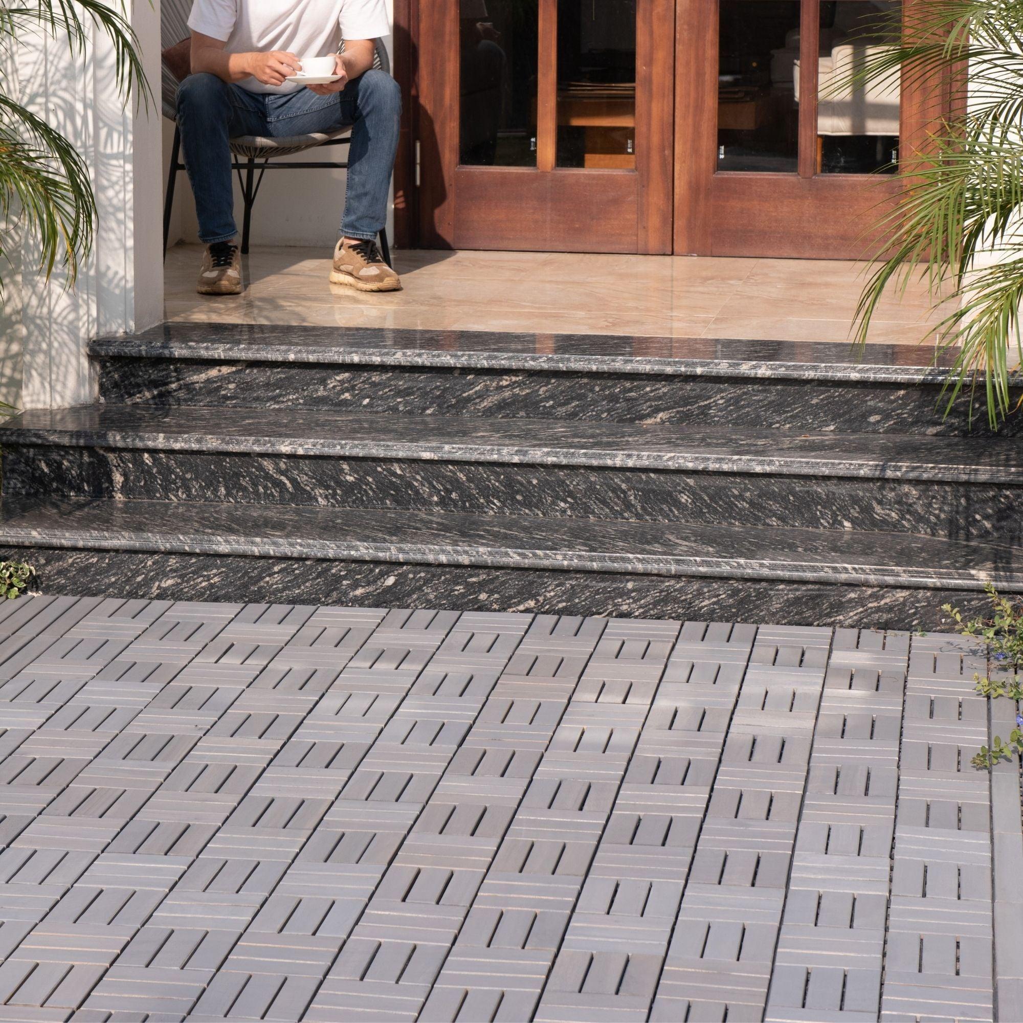 10 PCS Outdoor Light Gray Square Acacia Hardwood 12" x 12" Interlocking Deck Tiles Checker Pattern