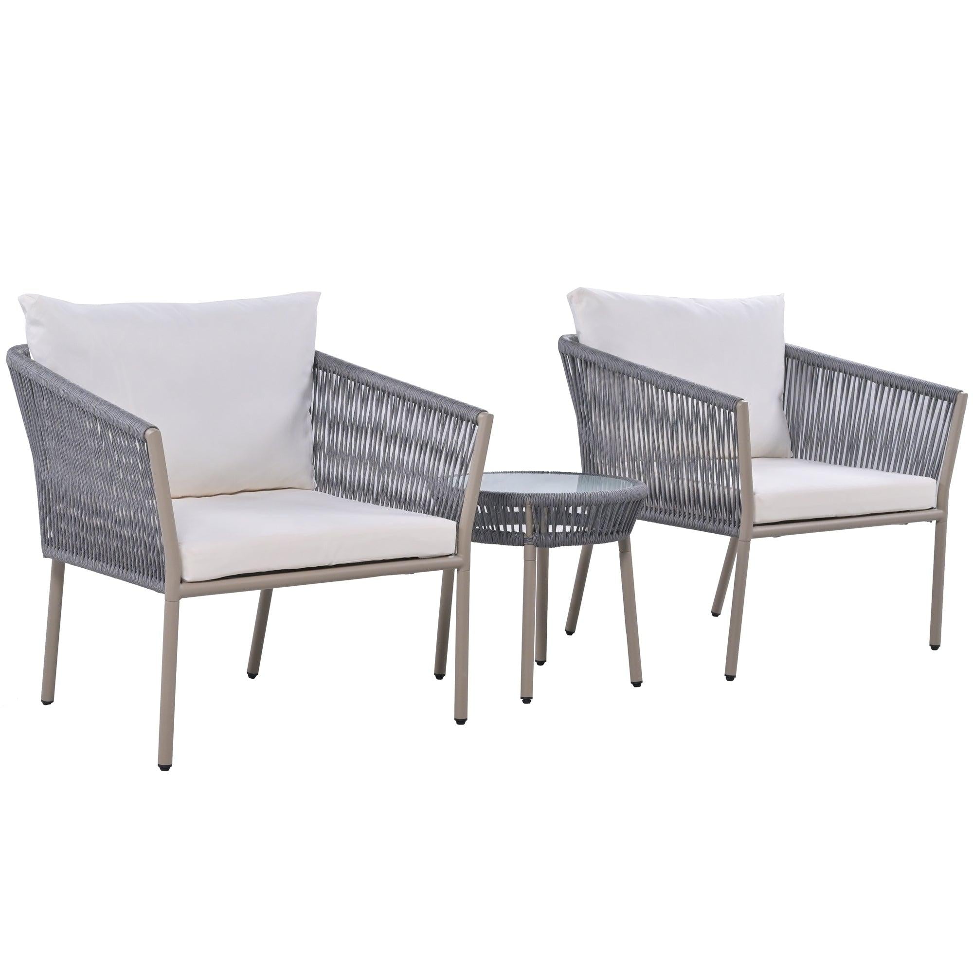 2PCS Luxury Rattan Outdoor Seating Set Including 2 Armchairs and Coffee Table with Beige Cushions and Gray Rattan