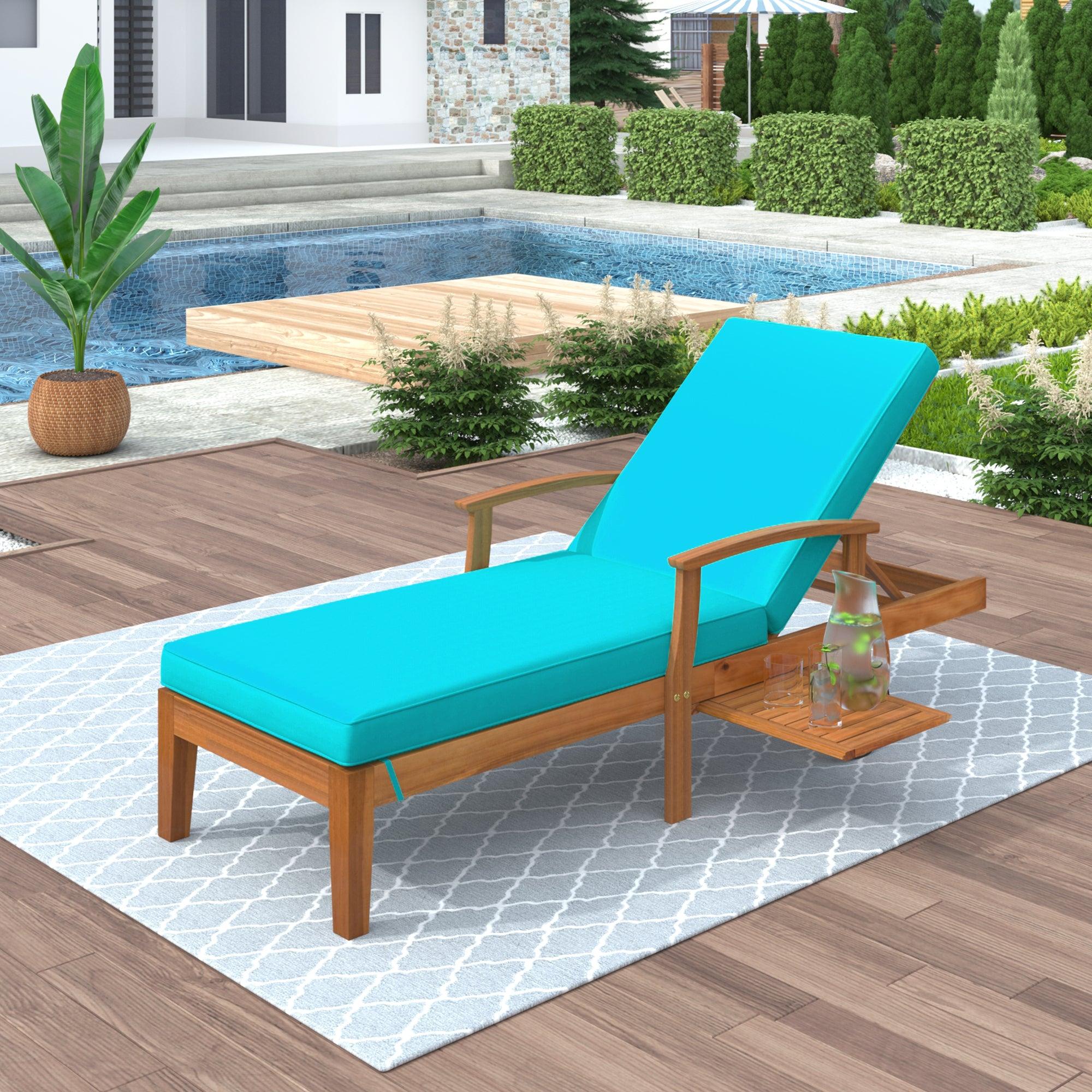 78.8" Outdoor Patio Solid Wood Chaise Lounge Reclining Daybed with Blue Cushion, Wheels and Sliding Cup Table